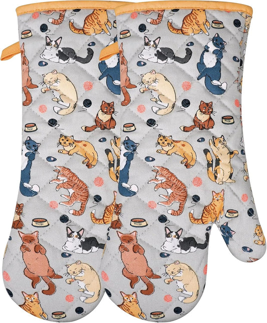 Oven Mitts Cotton Fashion Cute Cat Design 1pair Heat Resistant Oven Gloves Safe Cooking Baking Grilling Barbecue Machine Washable Pot Holders (Cat)
