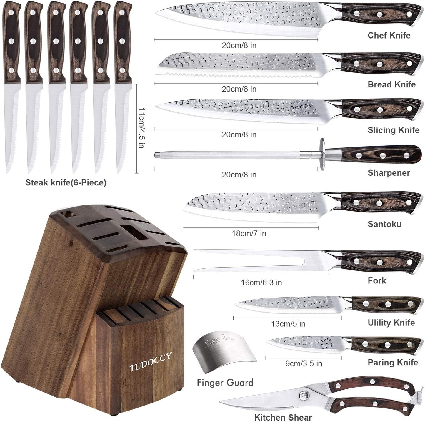 Kitchen Knife Set, 16-Piece Knife Set with Built-in Sharpener and Wooden Block, Precious Wengewood Handle for Chef Knife Set, German Stainless Steel Knife Block Set, Ultra Sharp Full Tang Forged