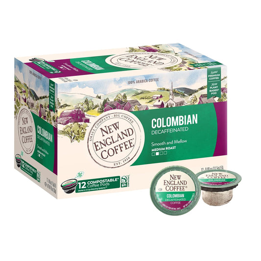 New England Coffee Colombian Decaffeinated Medium Roast Single Serve Pods, 12ct Box (Pack of 1)