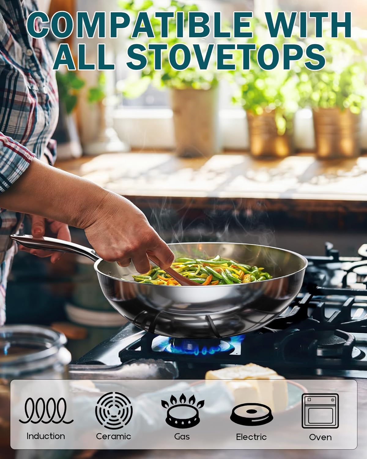 Cooks Standard Multi-Ply Clad Stainless Steel Wok Stir Fry Pan, 10.5 inch Induction Wok with Lid, Flat Bottom Wok, Silver