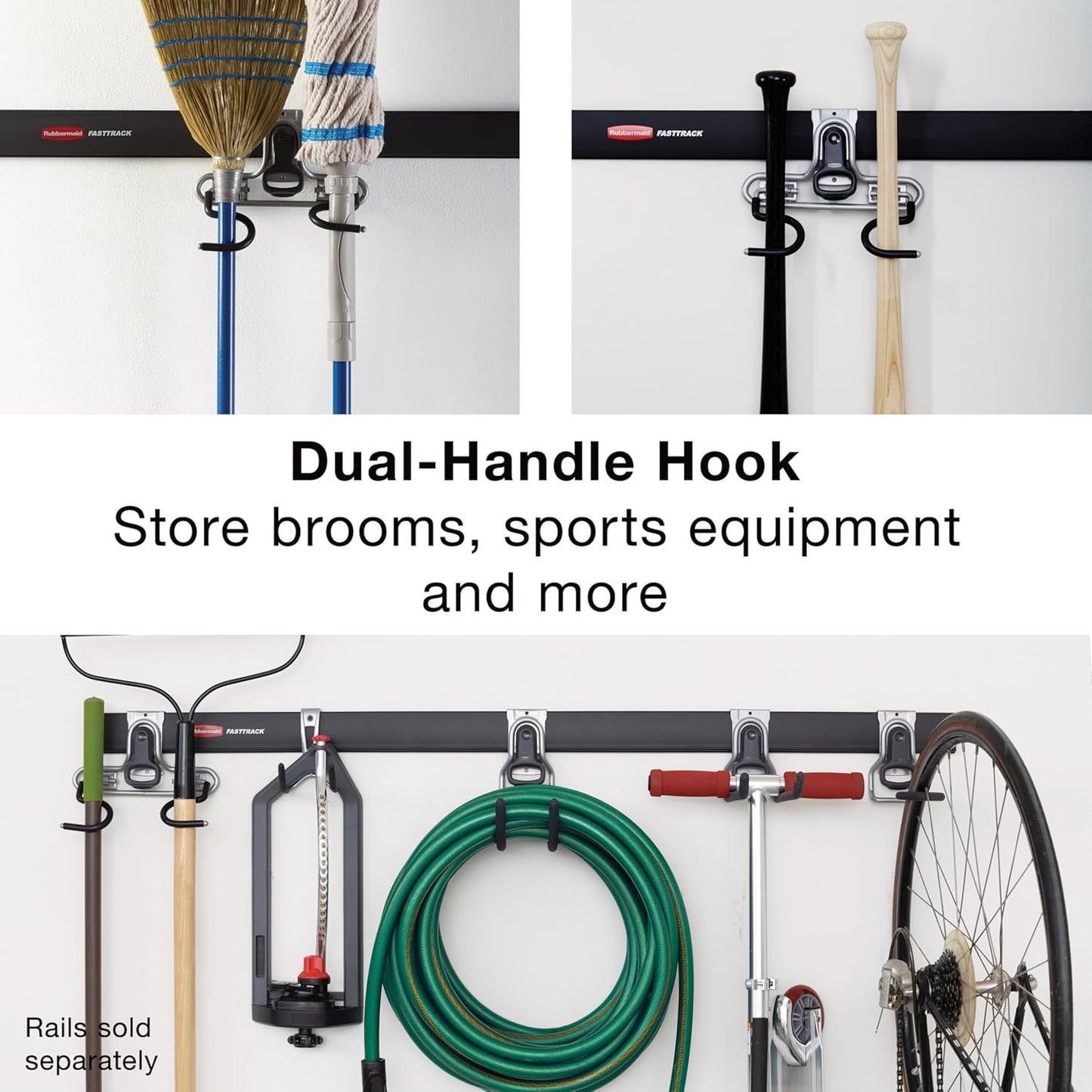 Rubbermaid FastTrack 2-Handle Hook (S Hook) Mounted Garage Storage and Space Saving Organization System Metallic Powder-Coated Steeel for Rakes/Brooms/Toys/Ladders