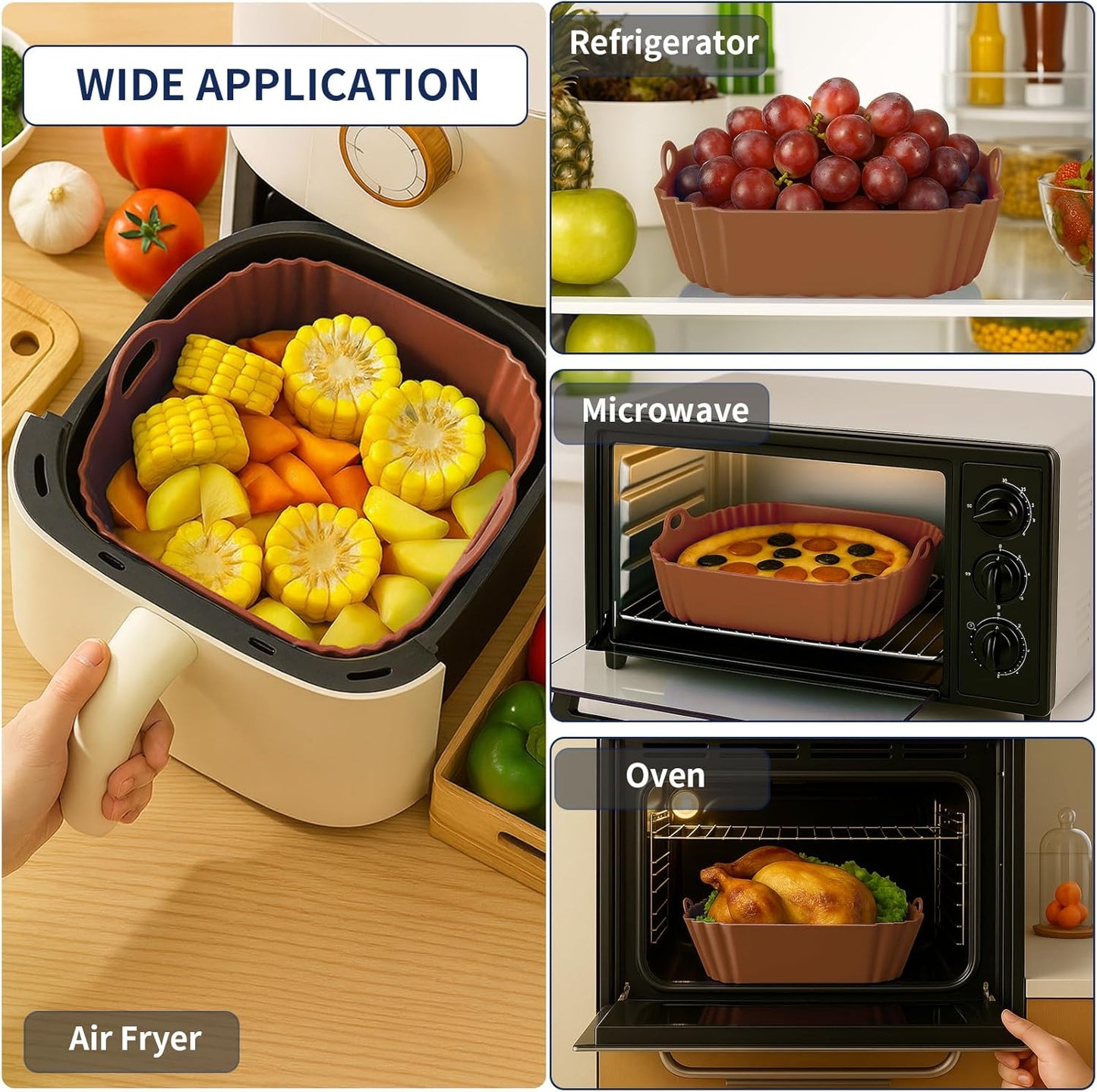 9 Inch Large Air Fryer Silicone Liners - 2 PCS Square Reusable AirFryer Basket Liners for 5-8QT Air fryer, Air fryer Accessories for Baking Roasting Microwave (Black + Brown)