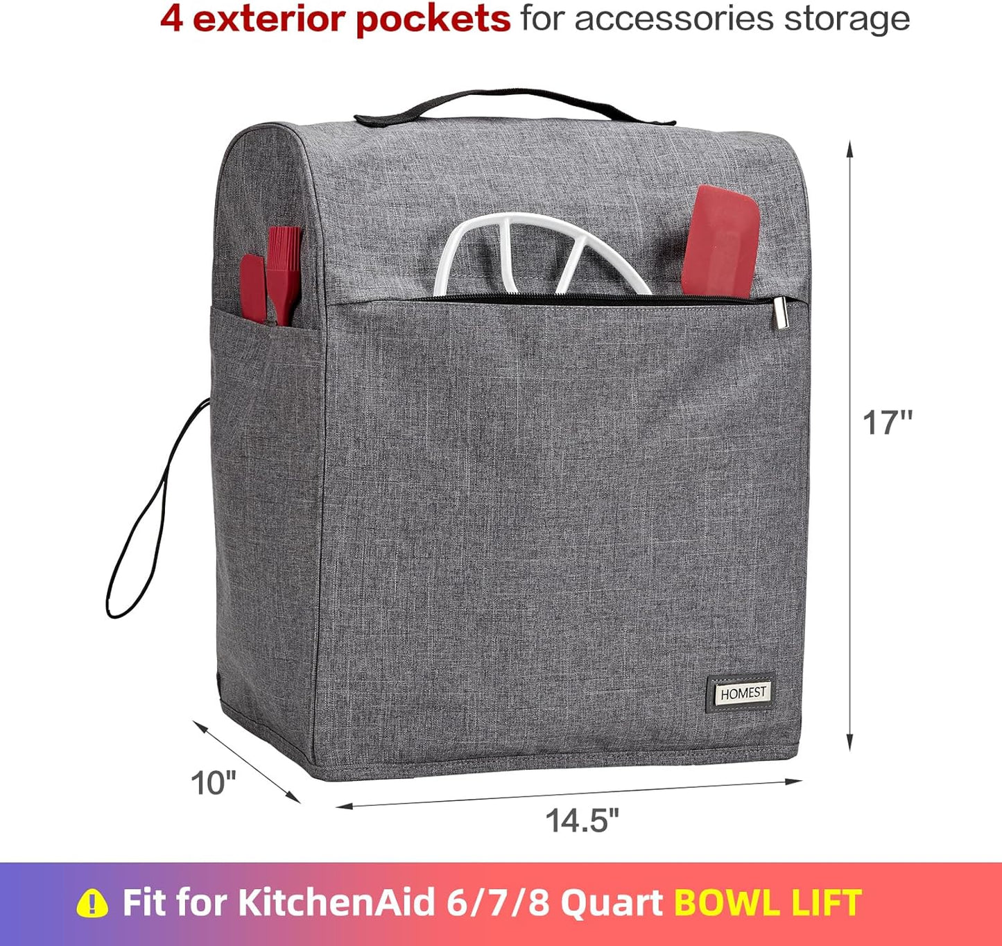 HOMEST Stand Mixer Dust Cover Compatible with KitchenAid 6/7/8 Quart Bowl Lift, Zipper Pocket for Various Kitchen Appliance Accessories, Grey (Patent Design)