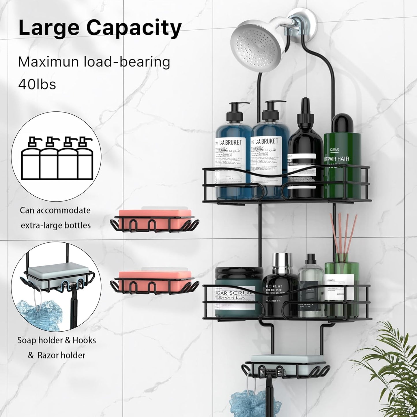 Shower Caddy Hanging - 3 Soap Holders, Rustproof Shower Head Organizer Stainless Steel, Bathroom Organizers and Storage With Hooks & Razor Holder, Black