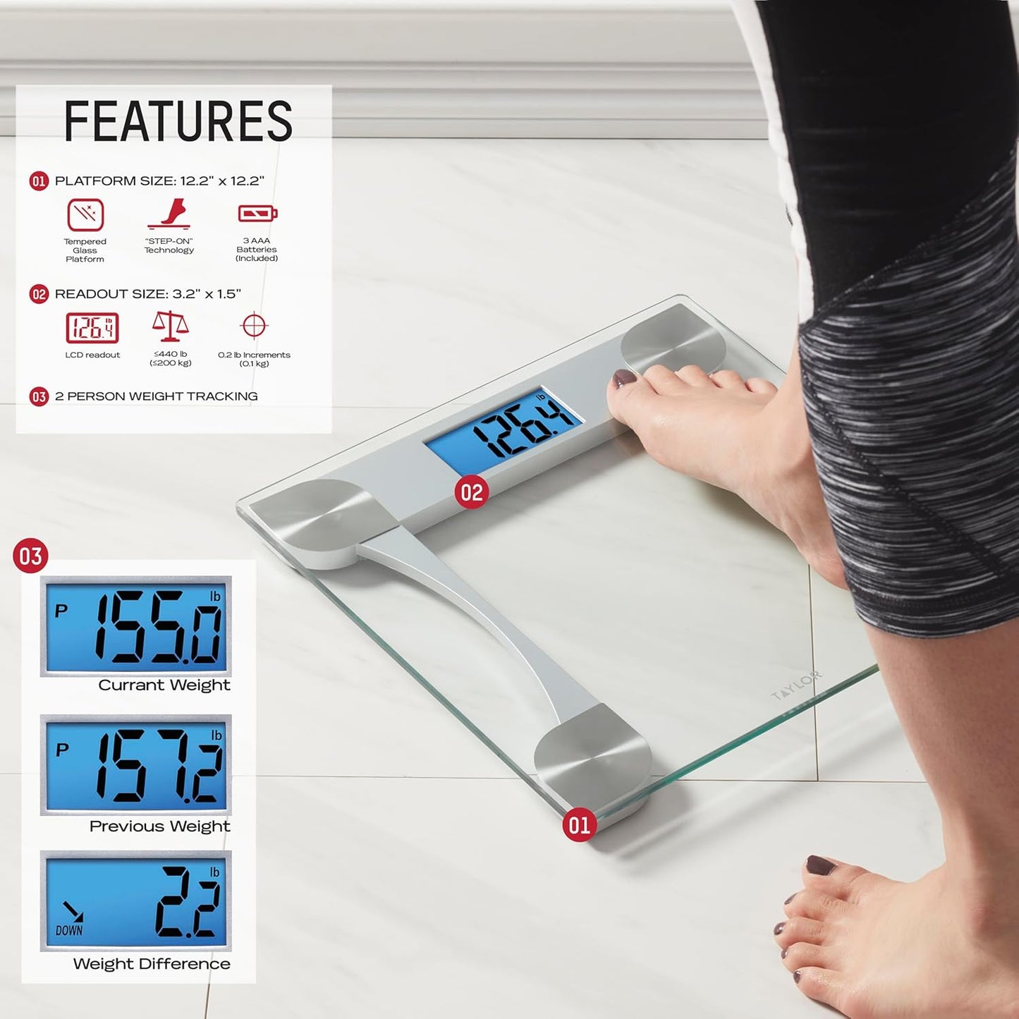Taylor Digital Glass Weight Tracking Scale, Bathroom Scale for Body Weight, Digital Bathroom Weighing Machine, Highly Accurate & Measures Weight up to 440 lb, Battery Powered, FSA HSA Eligible, Clear