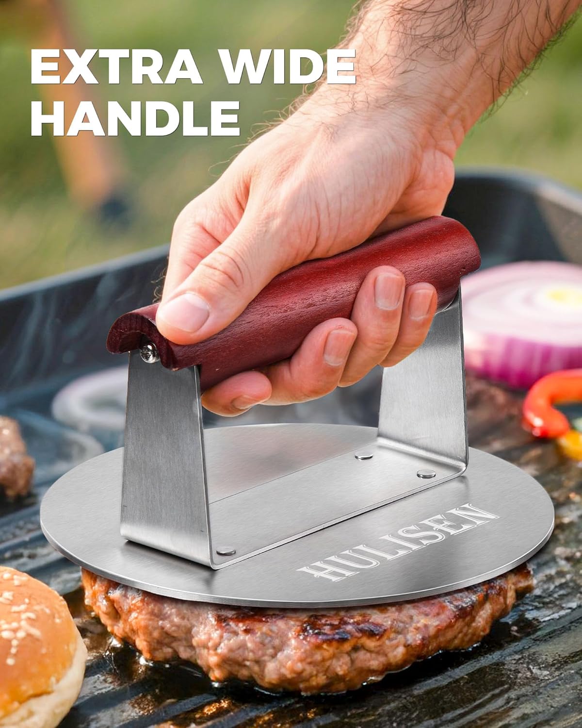 HULISEN 6.2" Stainless Steel Smashed Burger Press with Extra Wide Heat-Resistant Wood Handle, Burger Smasher for Flat Top Griddle, Grill, Skillet, Cast Iron Pan, Hamburger Cooking Accessories