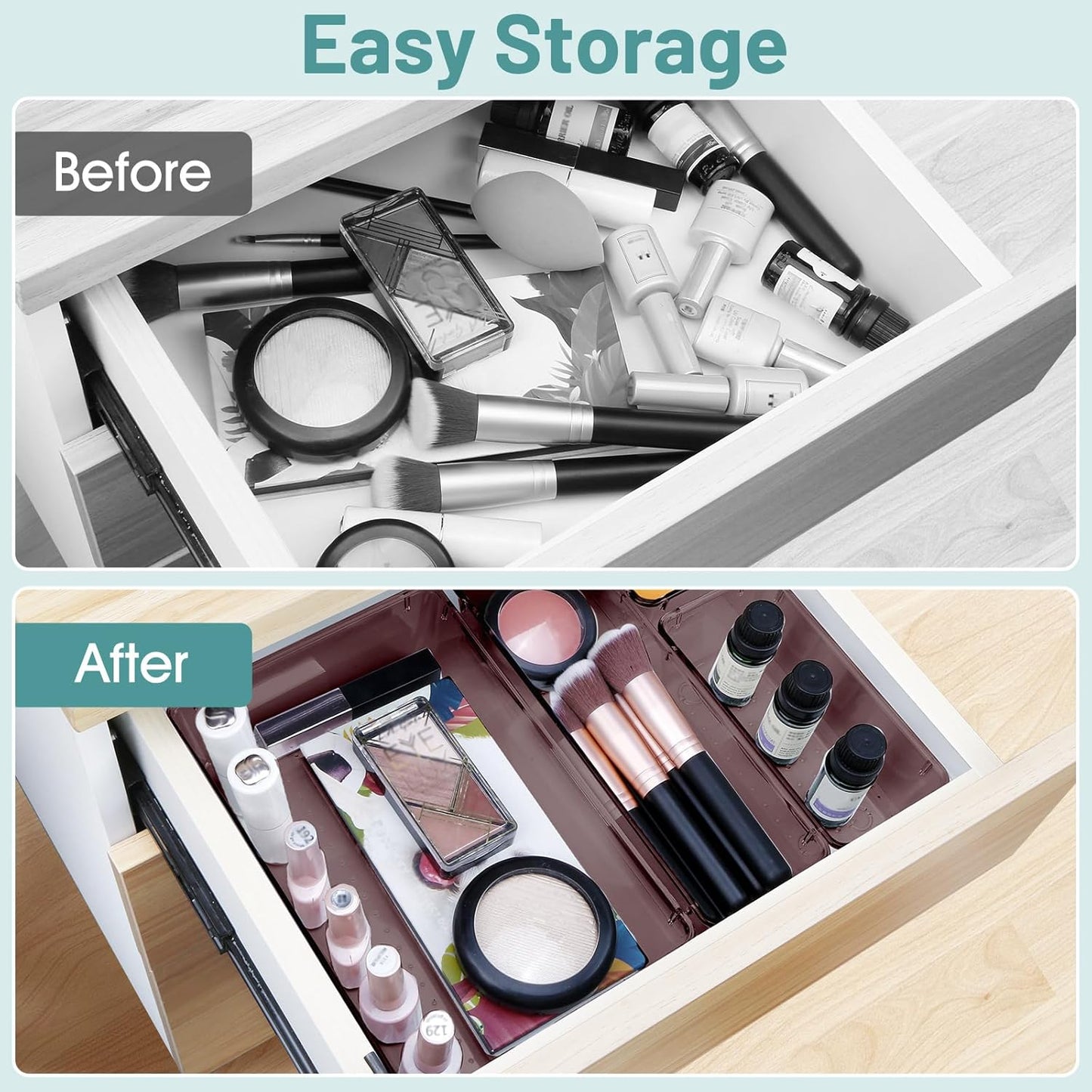 WOWBOX 25 PCS Plastic Drawer Organizer Set, 4 Sizes Desk Drawer Divider Organizers and Storage Bins for Makeup, Jewelry, Gadgets for Kitchen, Bedroom, Bathroom, Office, Clear Brown