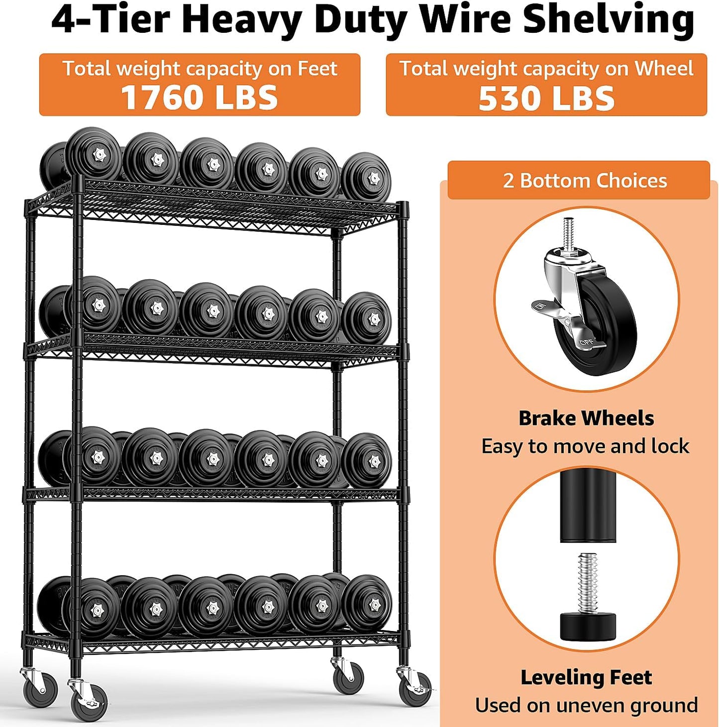 Industrial Metal 4 Tier Shelving for Garage, Pantry, Warehouse, Basement Utility Room, Storage Rack Metal Shelving Unit, Shelf Organizer, Black 23.6" D x 53.2" W x 73.6" H