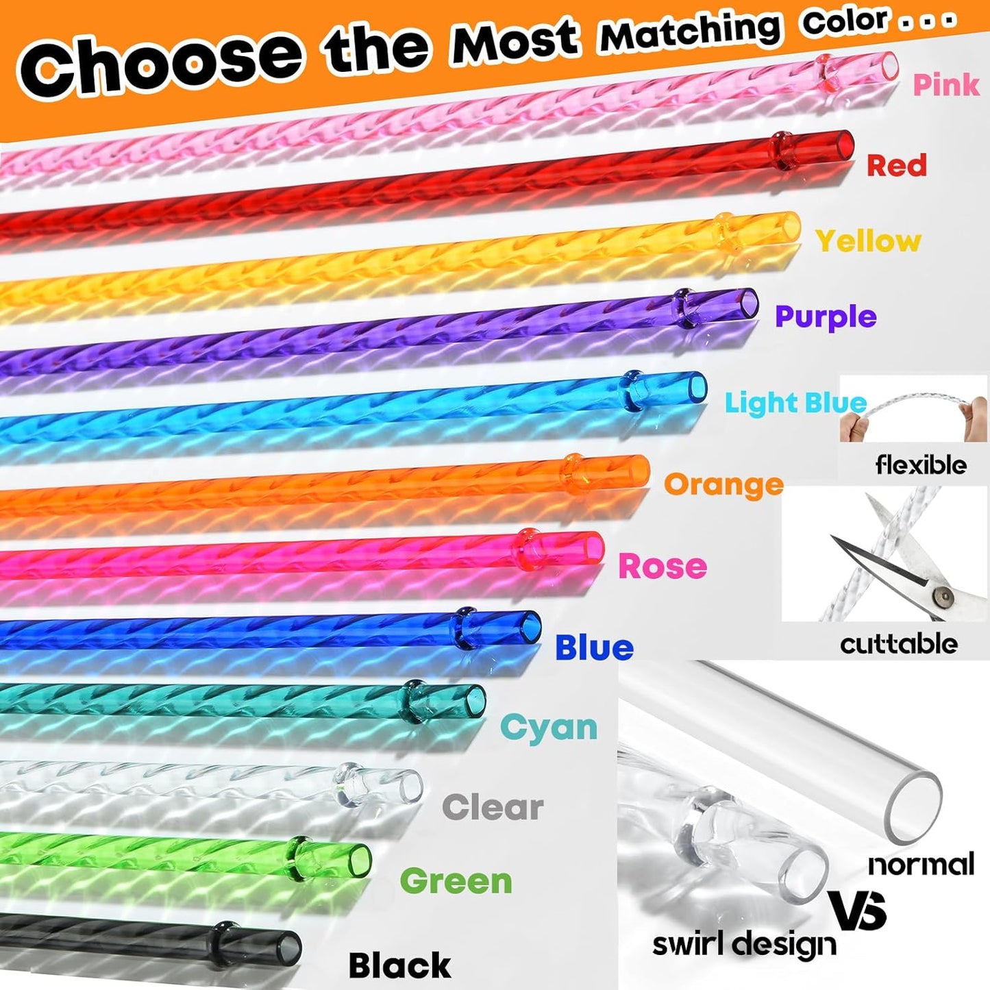 ALINK 12-Pack Reusable Plastic Clear Swirl Straws, 13" Extra Long Colorful Hard Plastic Replacement Straws for 16 OZ 20 OZ 30 OZ Stanley, YETI, Starbucks, Owala Tumblers with Straw Brush