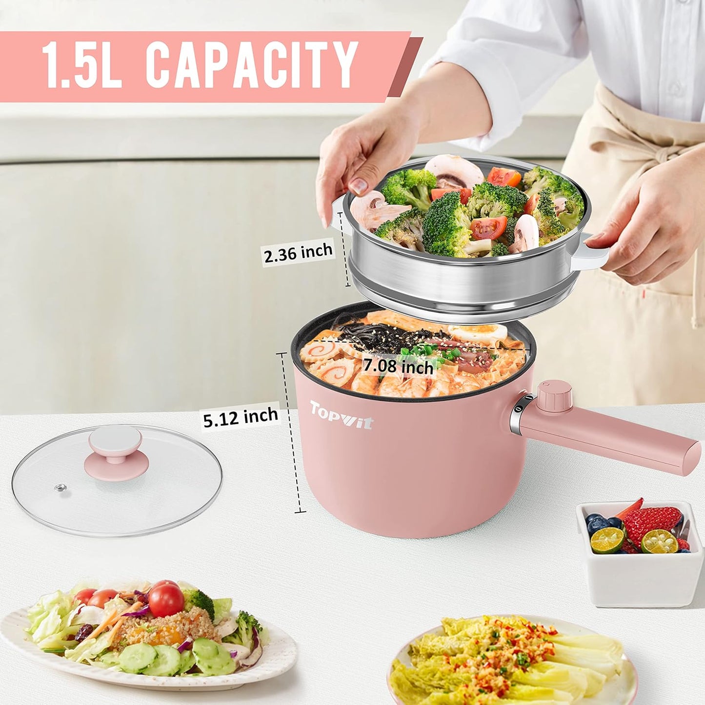 Topwit Hot Pot Electric with Steamer, 1.5L Ramen Cooker, Non-Stick Frying Pan, Electric Pot for Pasta, BPA Free, Electric Cooker with Dual Power Control, Over-Heating & Boil Dry Protection, Pink