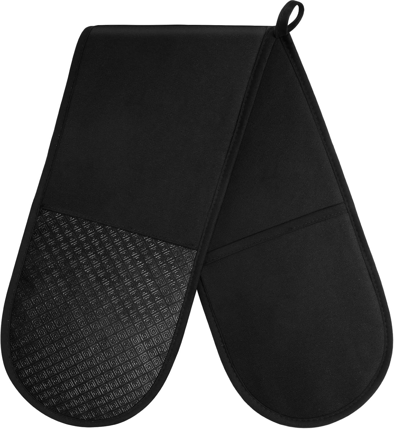 AUAUY Black Double Oven Mitts, 250°C/482°F Heat Resistant BBQ Mittens with Ropes, Silicone Non-Slip Design Kitchen Mittens, Cooking Glove Top Kitchen Gadgets for Cooking Baking Grilling