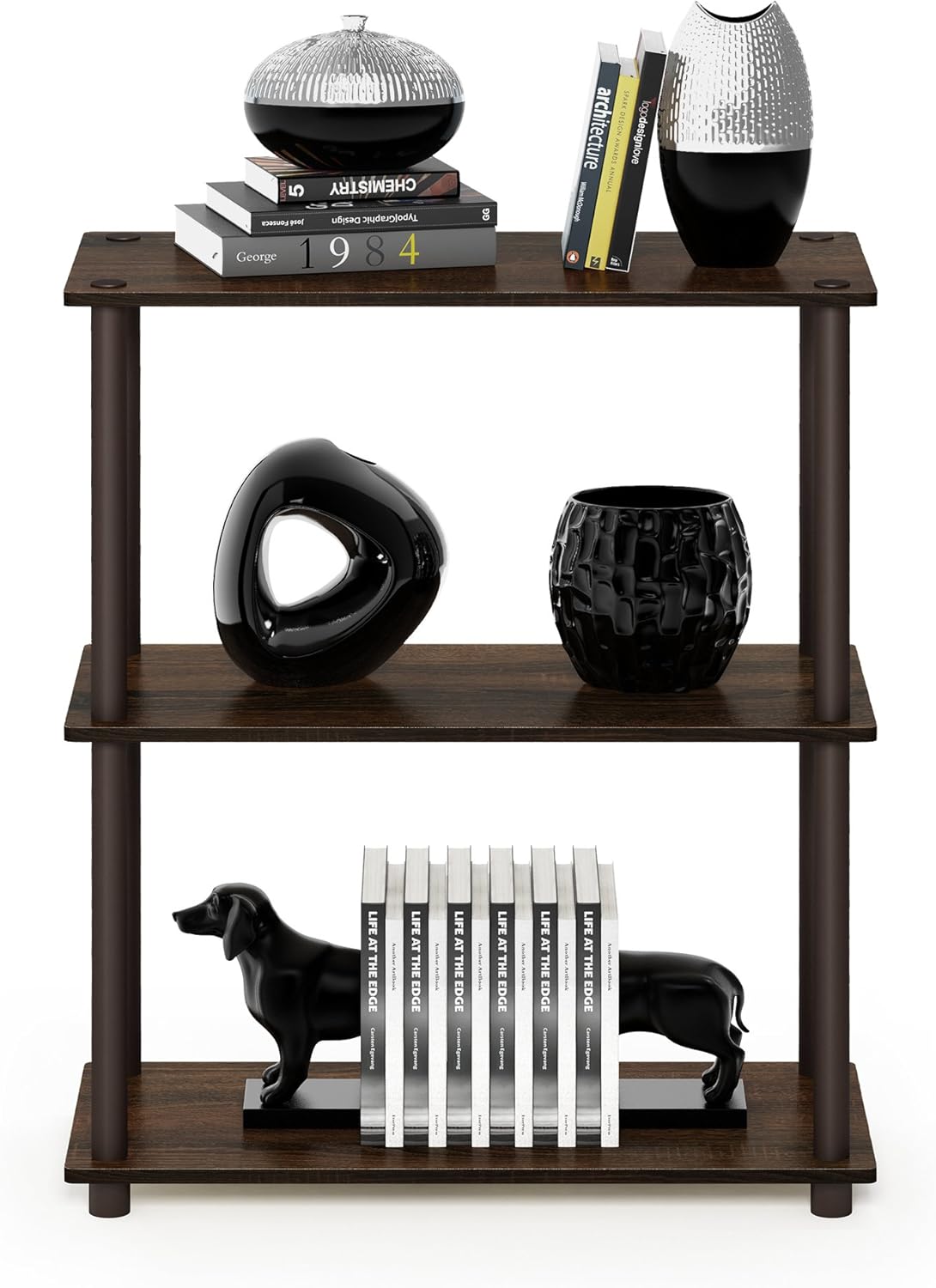 Furinno TURN-N-TUBE Storage Shelves, 3-Tier Book Shelf, Corner Shelf, Toolless Open Shelves, for Organization and Storage, Living Room, Garage, Home Office, Walnut