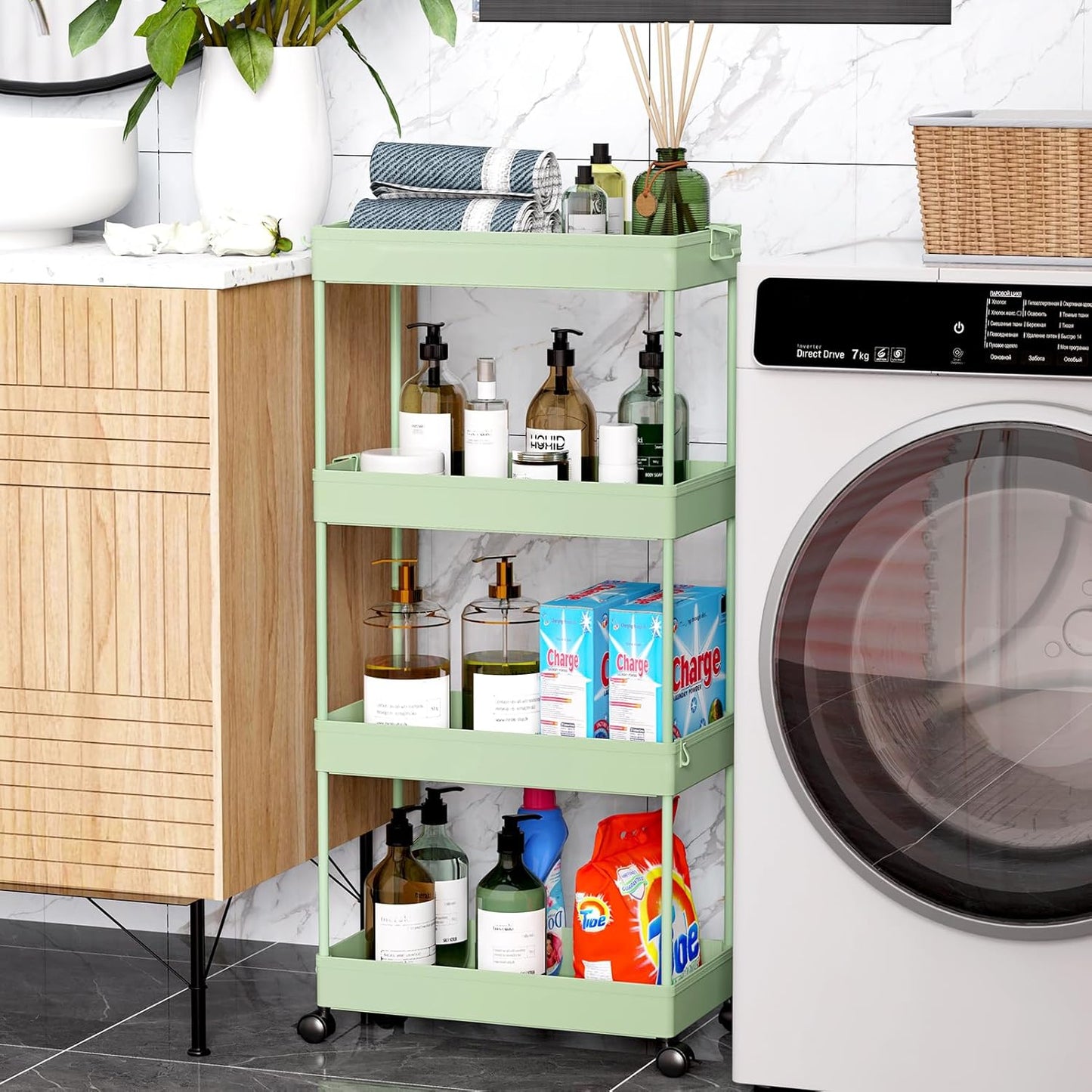 SPACEKEEPER Storage Cart 4-Tier, Bathroom Rolling Cart Utility Storage Organizer Shelf Mobile Shelving Unit for Kitchen Living Room Bathroom Laundry Room & Dressers, Green