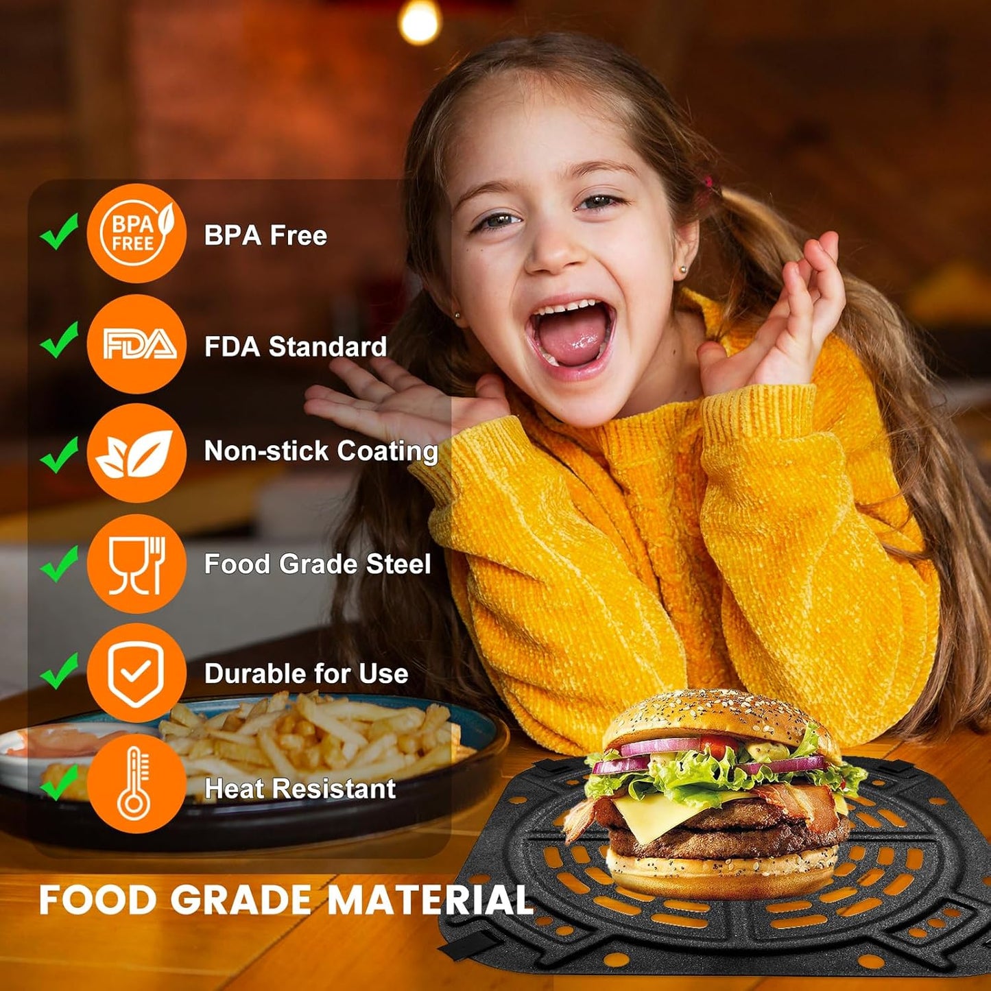 Air Fryer Grill Pan for Ninja AF141 Air Fryer Pro 4-in-1 5 QT, 8.5''×8.5'' Air Fryer Accessories Tray Grill Plate Crisper Plate Replacement Parts Tray Rack with Rubber Bumpers, Dishwasher Safe