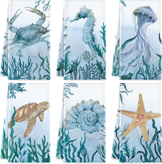 Boyiee Set of 6 Beach Kitchen Towels Sea Ocean Animal Nautical Tea Towels 24 x 16 Inches Kitchen Gifts Turtle Jellyfish Seahorse Hand Dishcloth for Farmhouse Bathroom Decorations