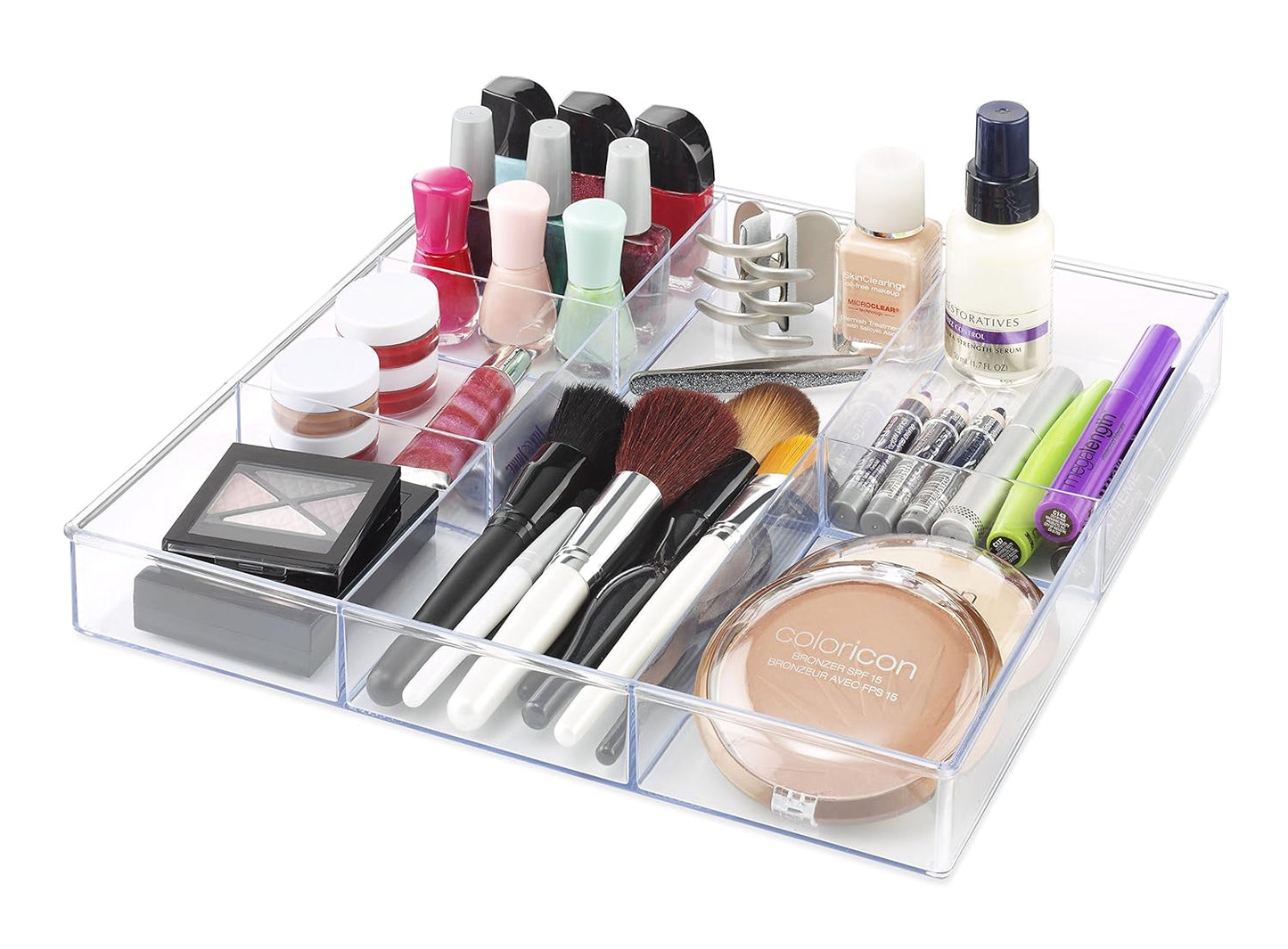 Whitmor Clear 6-Section Drawer Organizer | For Makeup & Accessories | Sturdy Resin | 11.9 x 11.9 x 1.7 Inches | Pack of 6