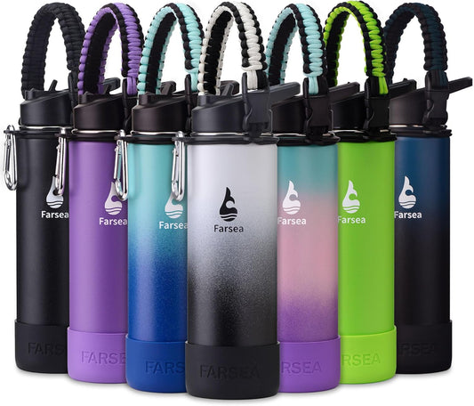 Farsea Insulated Water Bottle With Paracord Handle, Protective Boot and 2 Lids (Straw Lid & Spout Lid), Stainless Steel Water Bottle Wide Mouth, Double Wall Sweat-Proof BPA-Free, 24 oz