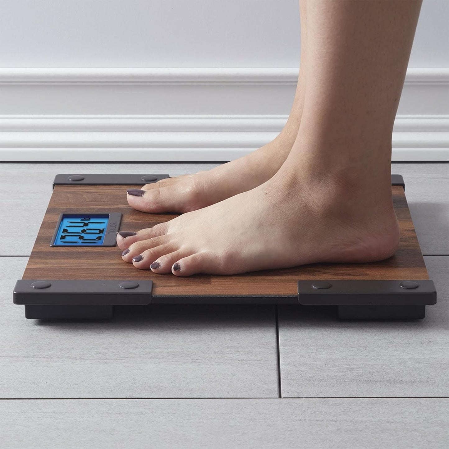 Taylor Digital Scales for Body Weight, Extra High Accurate 440 LB Capacity, Unique Blue LCD, Farmhouse Look, Auto On and OffScale, 12.4 x 12.4 Inches, Brown