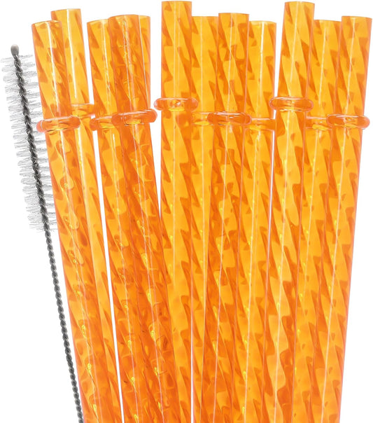 Dakoufish 12 Inch Reusable Clear Plastic Swirl Drinking Straws for 30 oz & 40 oz Jars/Tumblers,Set of 12 Pcs Replacement Crystal Orange Straws with Cleaning Brush (12inch,orange)