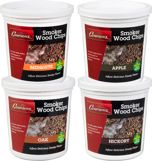 Camerons All Natural Extra Fine BBQ Wood Chips, 4 Pack - Apple, Oak, Hickory, Mesquite (4 Pints) - Kiln Dried Sawdust Shavings for Smoking Guns, Smokers, Smoke Boxes - Barbecue Grilling Gift for Dad
