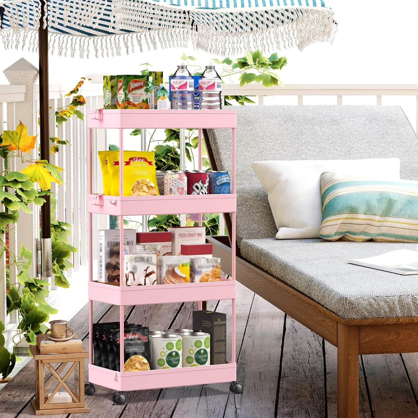 SPACEKEEPER Storage Cart 4-Tier, Bathroom Rolling Cart Utility Storage Organizer Shelf Mobile Shelving Unit for Kitchen Living Room Bathroom Laundry Room & Dressers, Pink