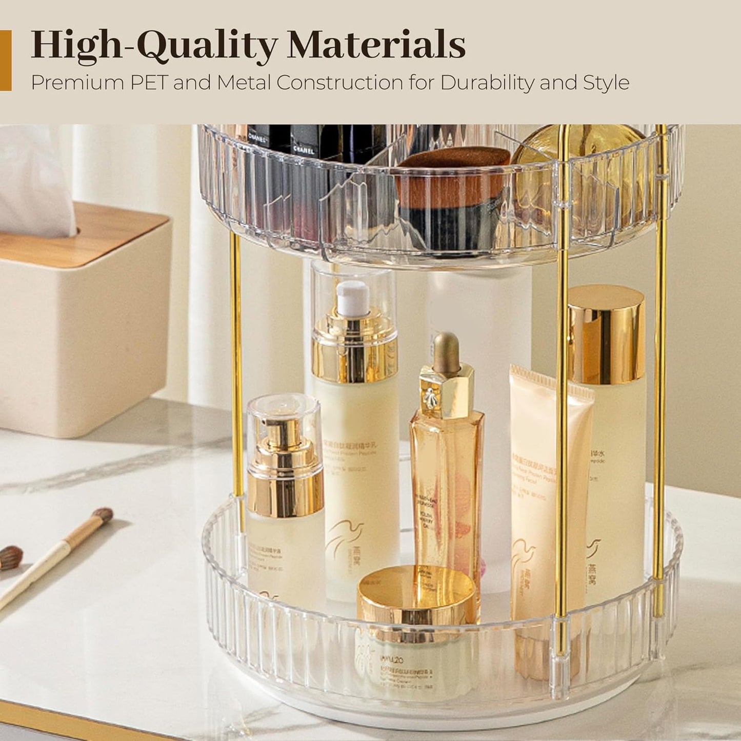 Aveniee 360 Rotating Makeup Organizer for Vanity, Upagraded Perfume Skincare Bathroom Counter Organizers with Brush Divider, Two Tier Spinning Lipstick Cosmetic Lotion Storage,White