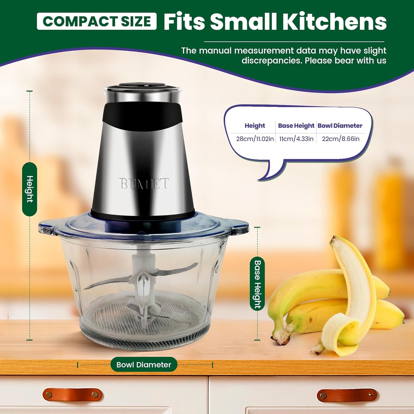 Electric food processor vegetable chopper 500W 2x8cup bowls 2 bi-layer 4 blades Small Food chopper ideal as Electric Meat grinder for home use,Mincing,chopping for kitchen aid,baby foot,pet food