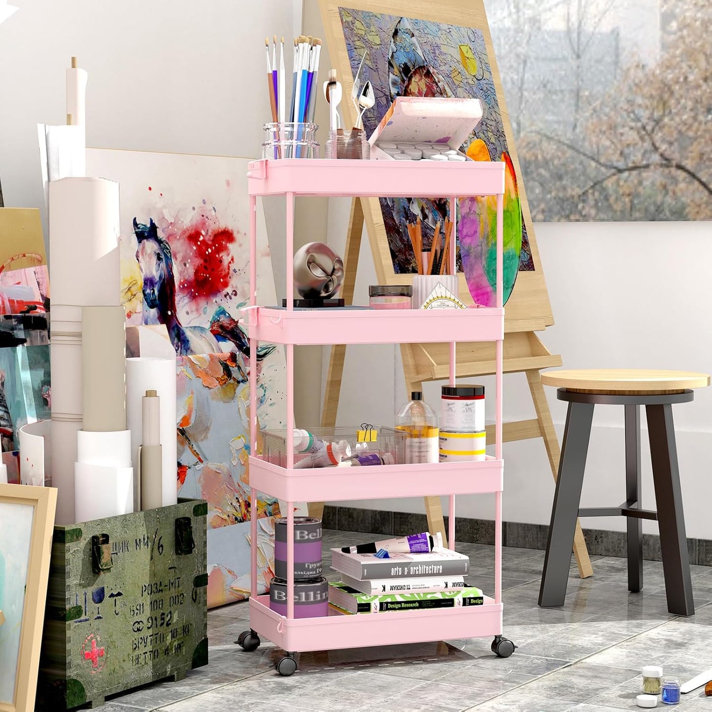 SPACEKEEPER Storage Cart 4-Tier, Bathroom Rolling Cart Utility Storage Organizer Shelf Mobile Shelving Unit for Kitchen Living Room Bathroom Laundry Room & Dressers, Pink