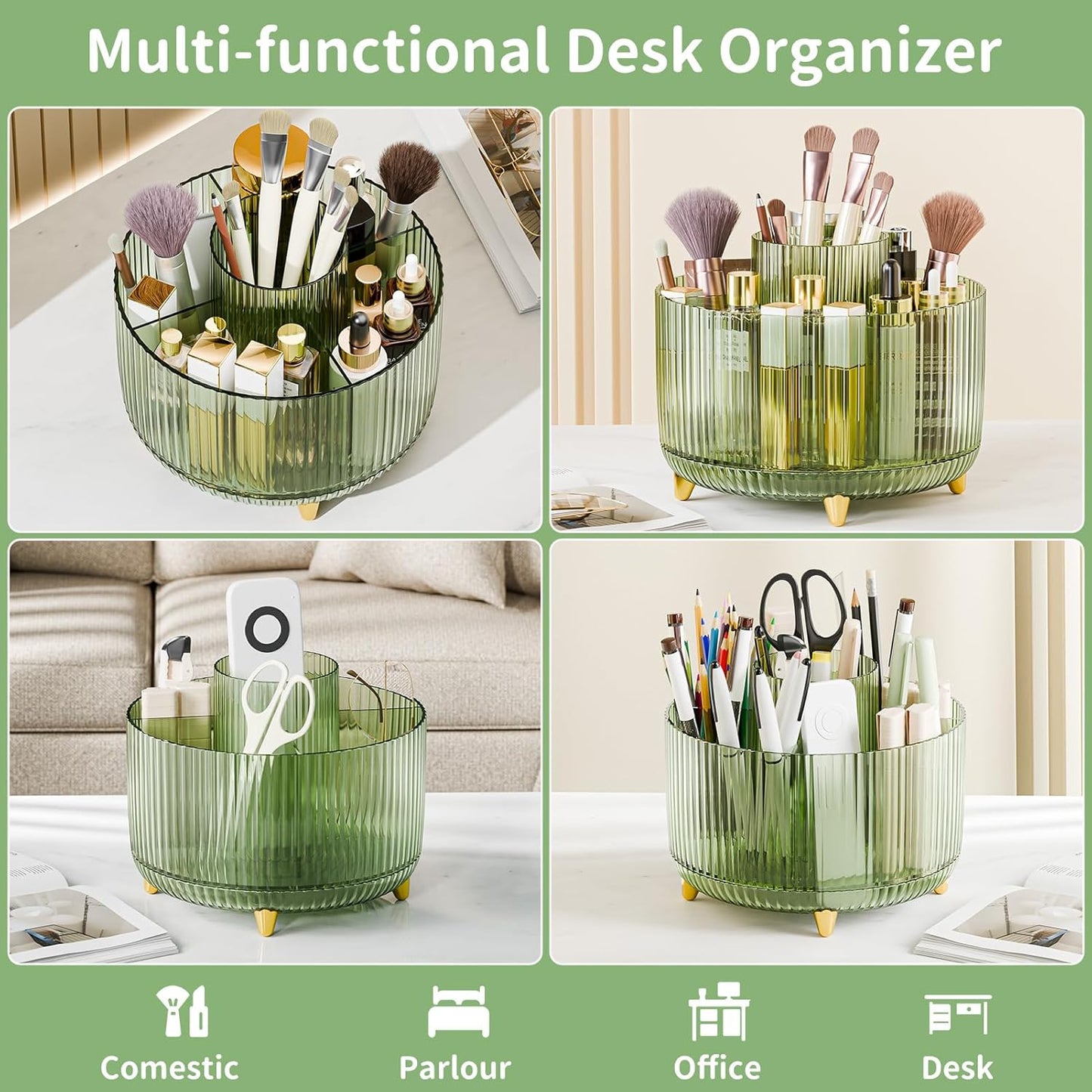 360° Rotate Makeup Brush Holder Organizer, Makeup Organizers Countertop, Makeup organization and Skincare Storage for Vanity, Desktop, Bathroom (Clear Green)