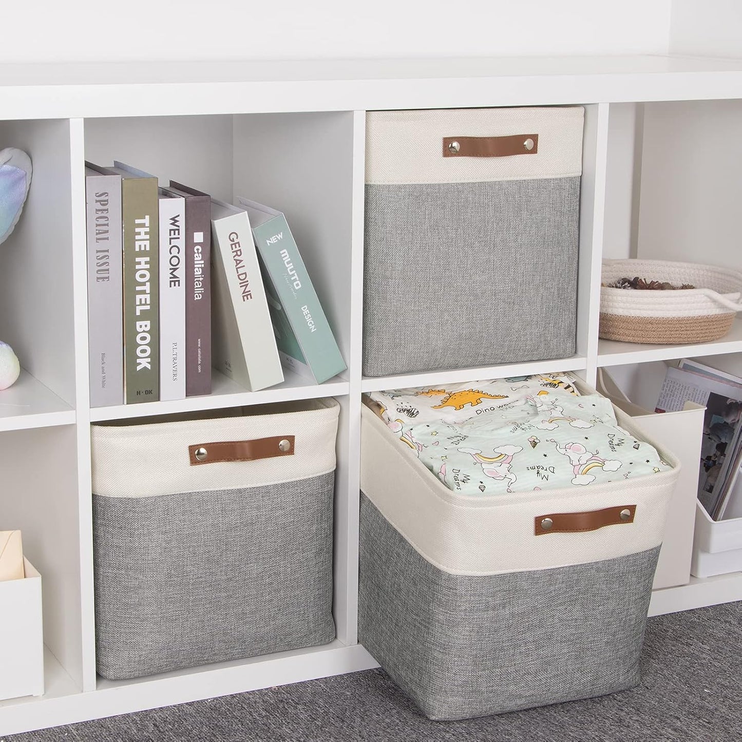 HNZIGE Storage Foldable Storage Baskets Cubes Set(3 Pack) Fabric Bins for Shelves,13 Inch Storage Basket for Organizing with Leather Handles for Home, Toys, Clothes,Closet Storage(White&Gray)