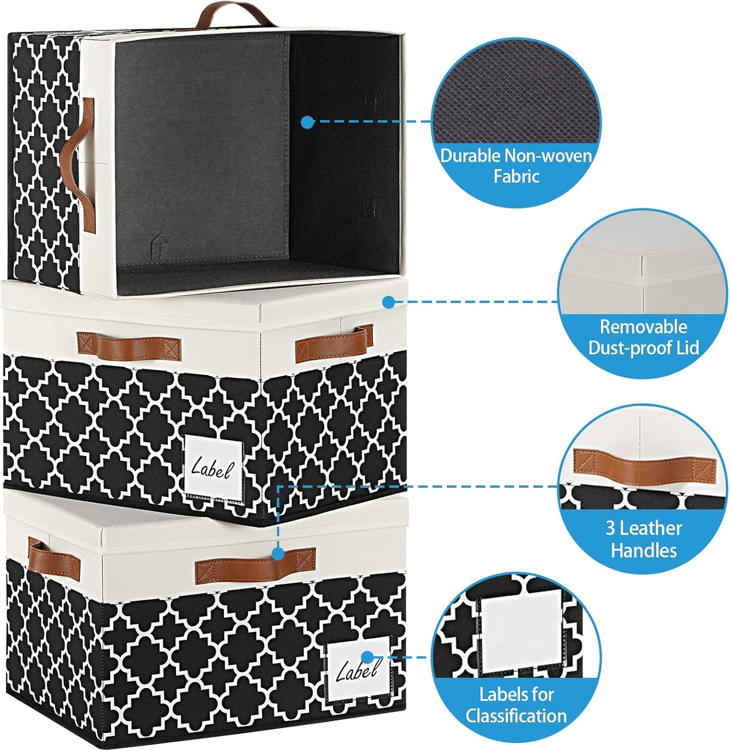 GhvyenntteS Extra Large Storage Bins with Lids, Foldable Fabric Storage Boxes with Lids and 3 Handles, Storage Baskets with Label Window (3 Pack, White&Lattice Black, 15.75x11.8x10.2)