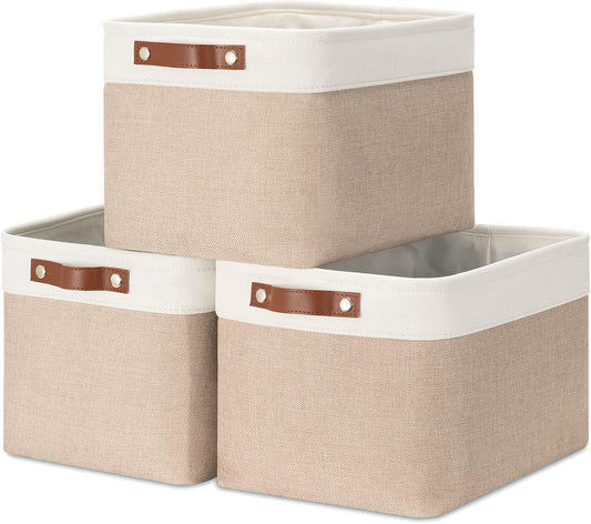 HNZIGE Fabric Storage Baskets for Shelves, Large Collapsible Storage Baskets for Organizing, Decorative Baskets Bins Set with Handles for Closet, Clothes,Home (3 Pack, White&Khaki,15" x 11" x 9.5")