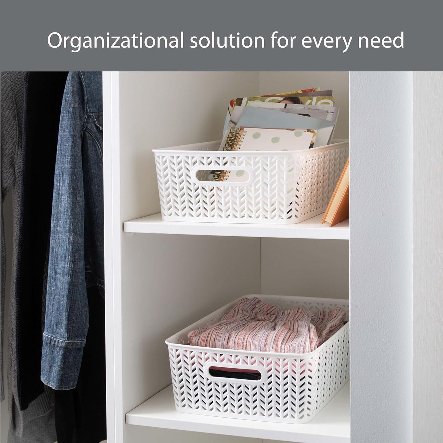 Simplify 2 Pack Medium Herringbone Storage Basket | Dimensions: 14"x11.5"x5.15" | Multipurpose | Home Organization | 2 Open Handles | White