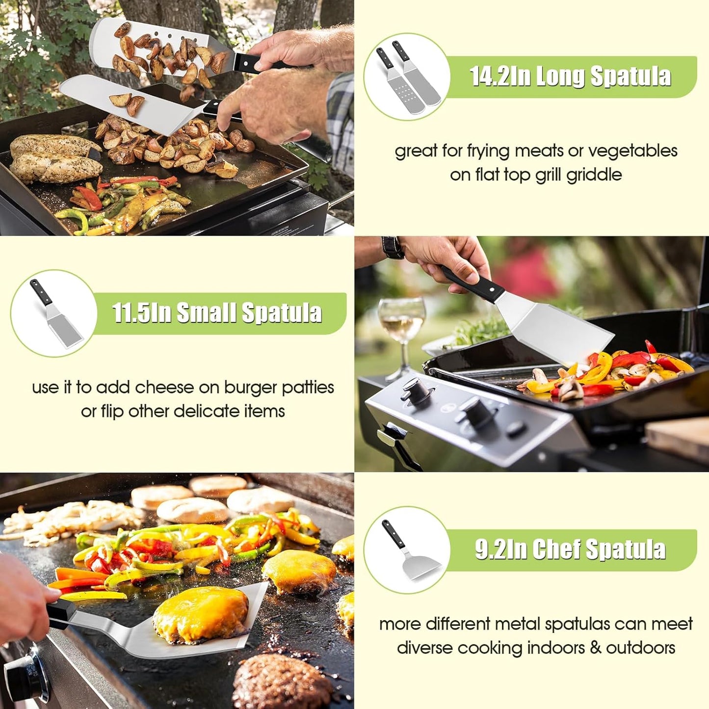 HaSteeL 16PCS Griddle Accessories Set, Stainless Steel Flat Top Grilling Tools Kit with Enlarge Spatula Scraper Basting Cover Burger Press for Outdoor Barbecue Teppanyaki Cooking, ABS Handle