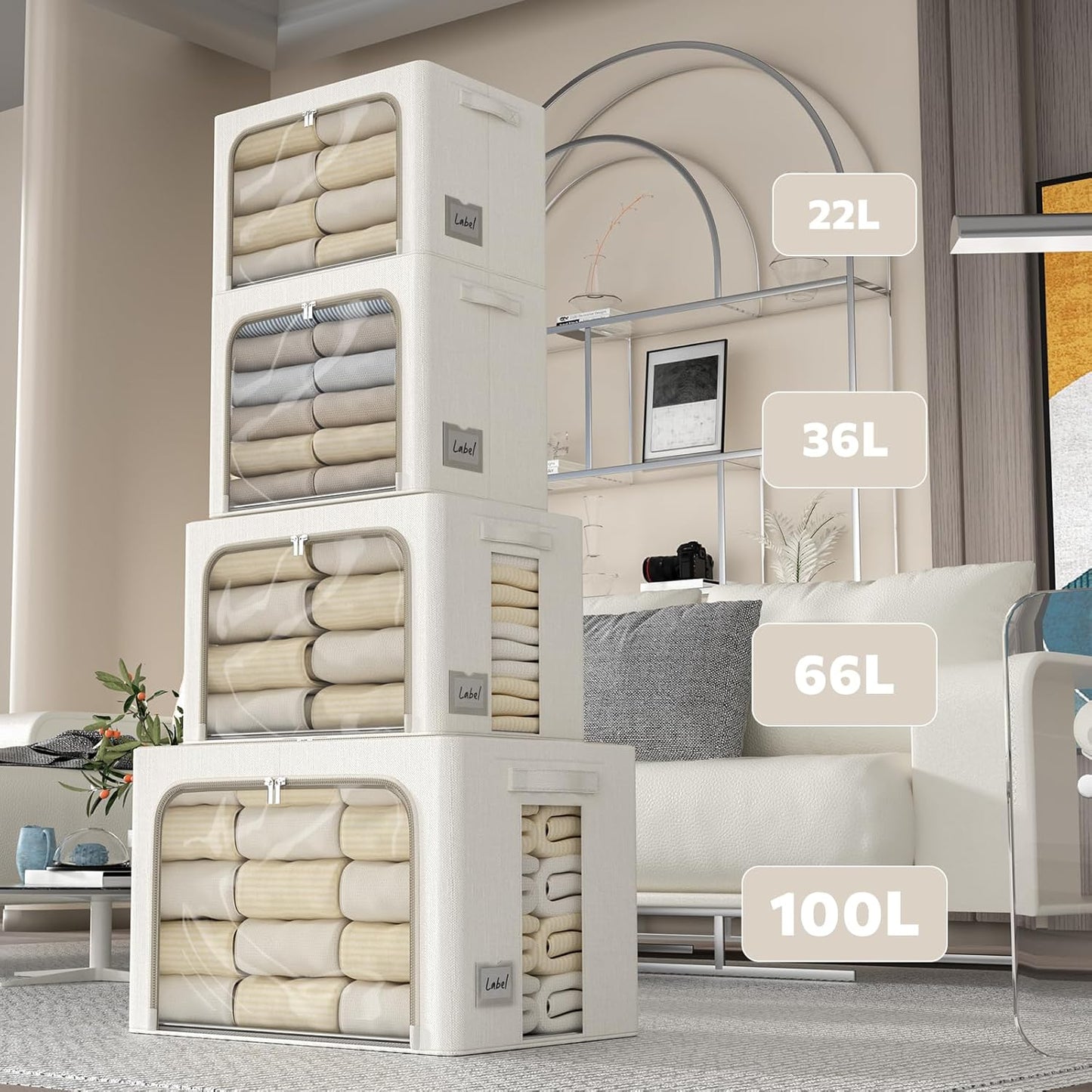 FHSQX 2 Pack Clear Window Storage Bins Large Stackable Linen Fabric Storage for Clothes Foldable Container Organizer Set with Carrying Handles (Lvory White, 23.6x 16.5x 15.7 Inch)