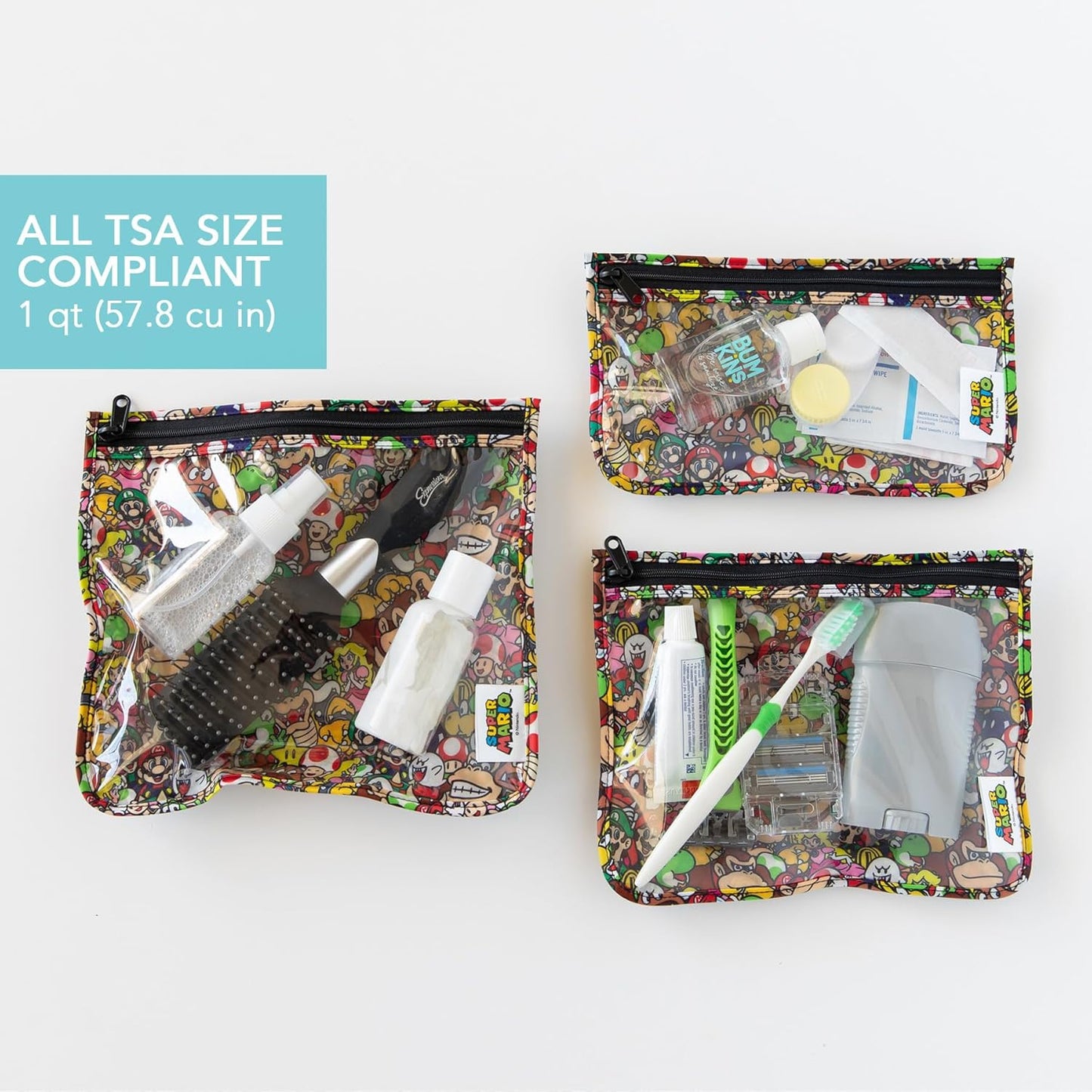 Bumkins Travel Bag, Toiletry, TSA Approved Pouch, Zip Bag, Quart Size Airline Compliant, Clear-Sided, Baby, Diaper Bag Organization, Makeup, Accessories, Packing, Set of 3 Sizes, Nintendo Super Mario