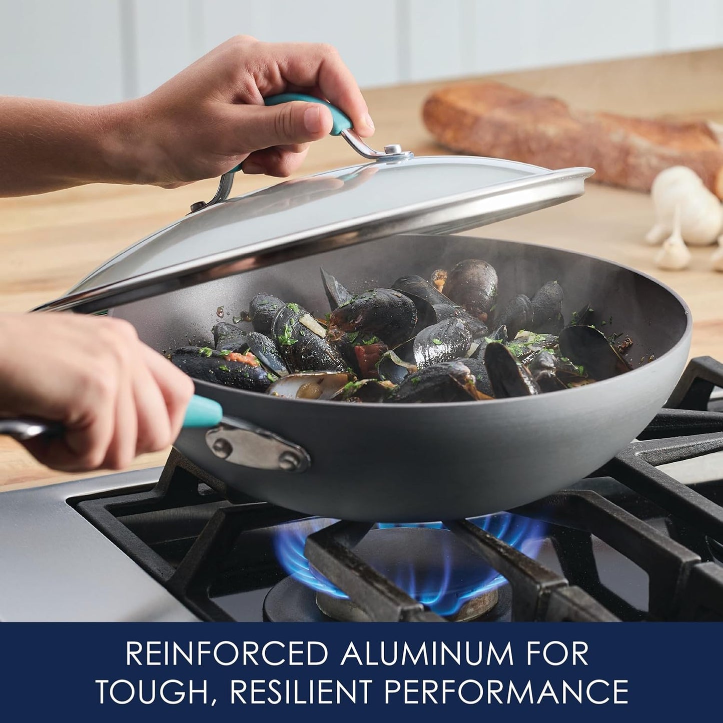 Rachael Ray Cucina Hard-Anodized Nonstick Covered Stir Fry Pan, 11-Inch, Gray, Agave Blue Handles