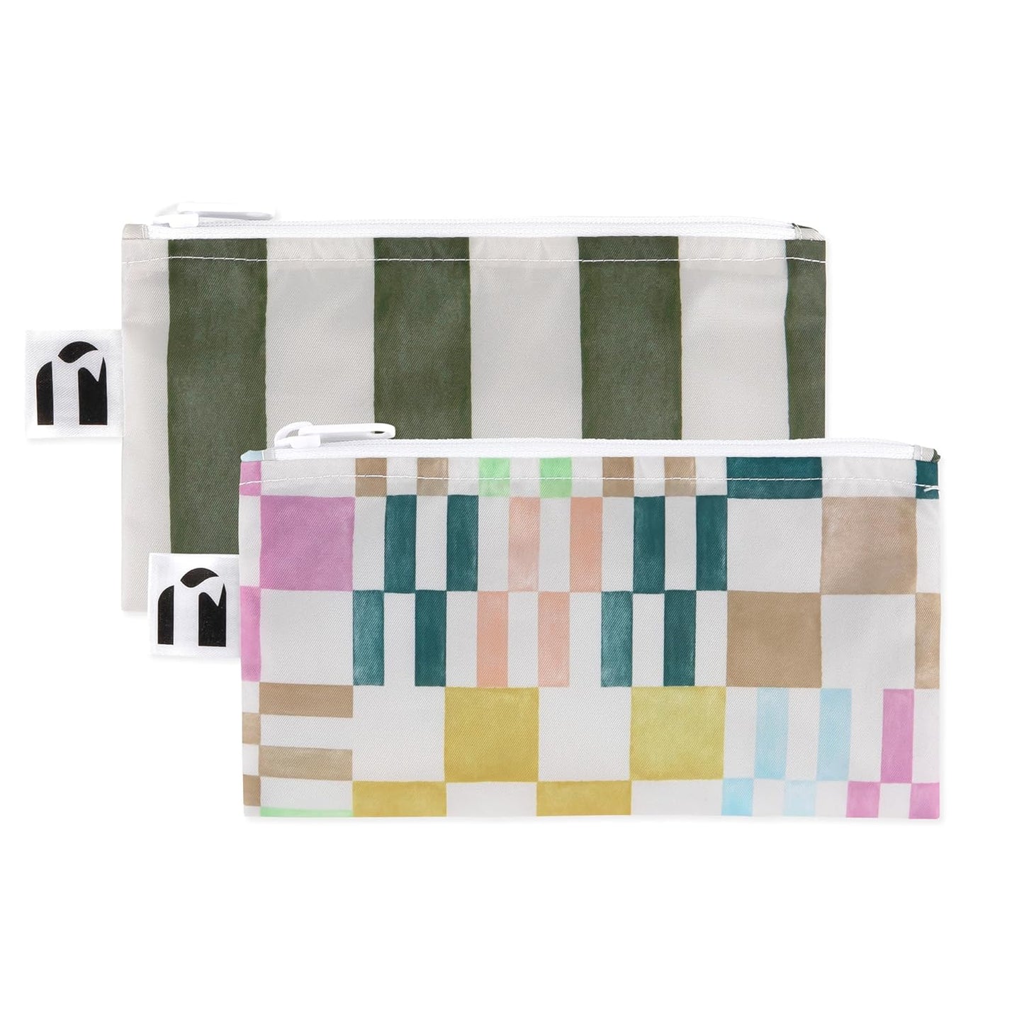 Roamio Reusable Snack Bags, for Kids School Lunch and for Adults Portion, Washable Fabric, Waterproof Cloth Zip Bag, Supplies Pack Travel Pouch, Food-Safe Storage, 2-pk Green Stripe and Multi Check