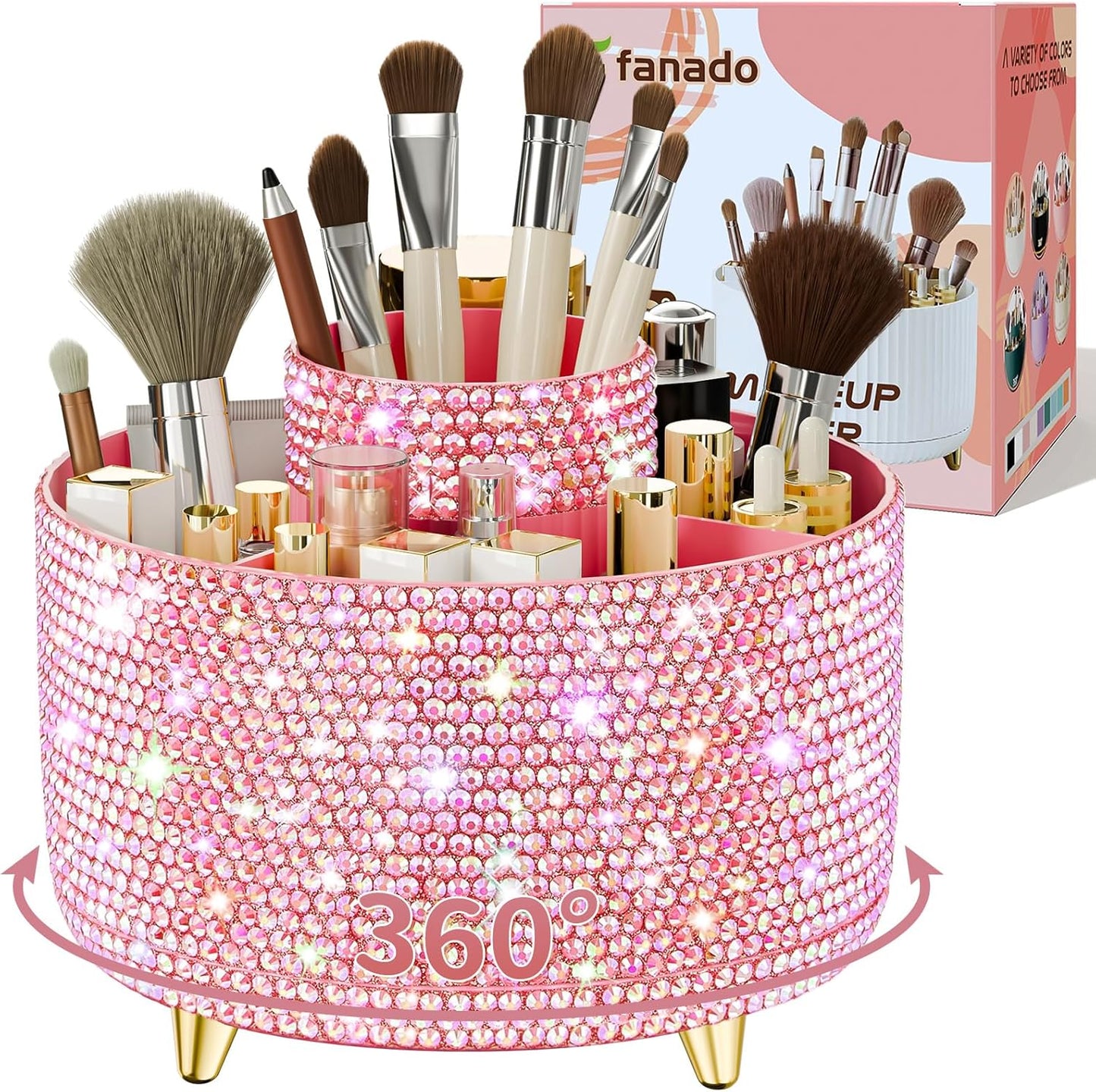 Bling 360° Rotate Makeup Brush Holder Organizer, Makeup Organizers Countertop, Makeup organization and Skincare Storage for Vanity, Gift for Women Girls (Bling dz-Pink)
