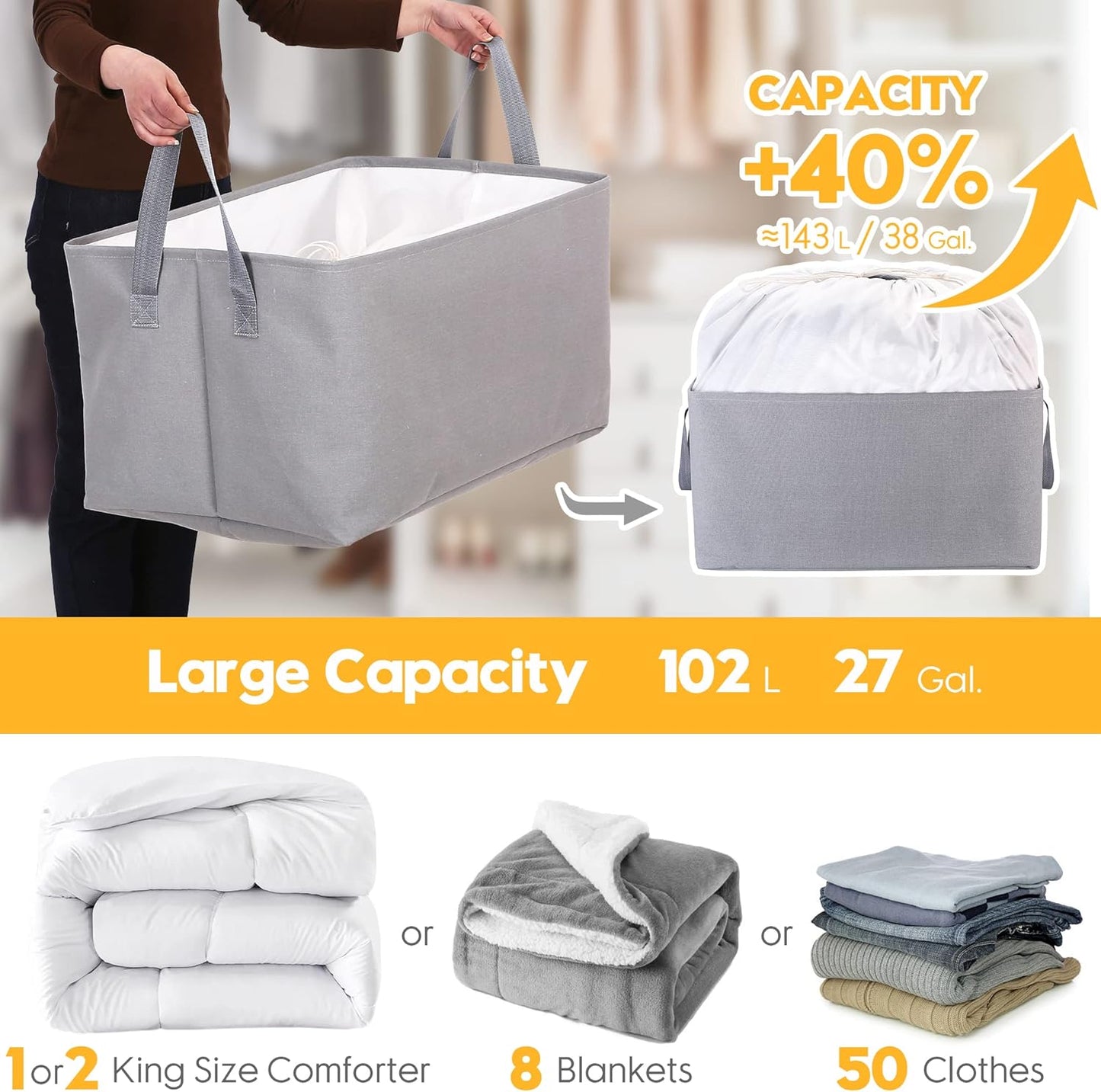 Hinwo 102L XXL Storage Bins, 4-Pack Closet Organizers and Storage, Foldable Clothes Storage Baskets with Handles, Containers for Clothing, Blanket, Comforters, Toys, Bedding (Gray)