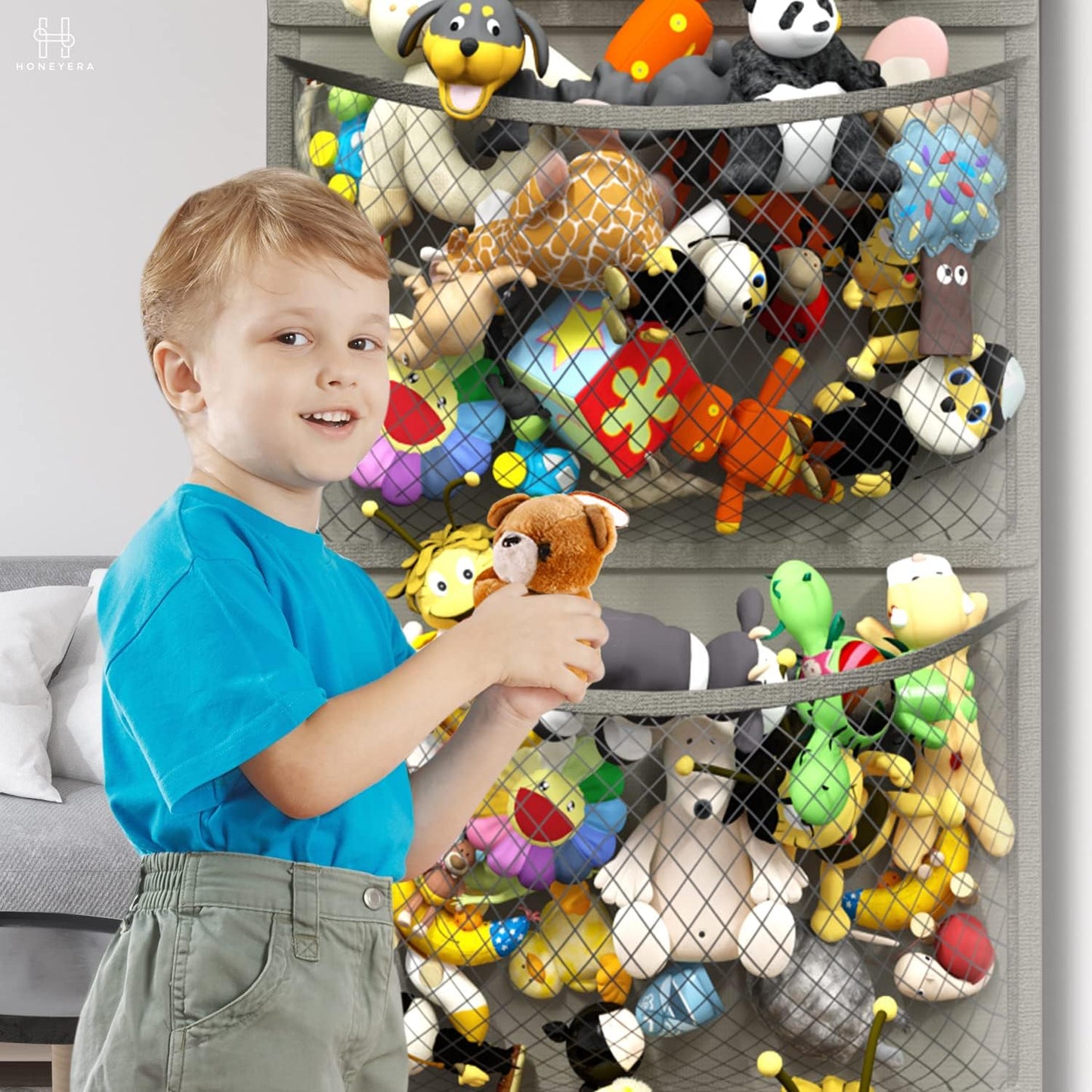Honeyera Over Door Organizer for Stuffies, Baby Accessories, and Toy Plush Storage - Easy Installation with Breathable Hanging Storage Pockets (Gray)