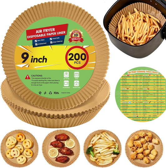 Air Fryer Paper Liners Disposable: 200Pcs 9 Inch Special Round Liners for Air Fryer, Grease and Water Proof Non Stick Basket Parchment Paper