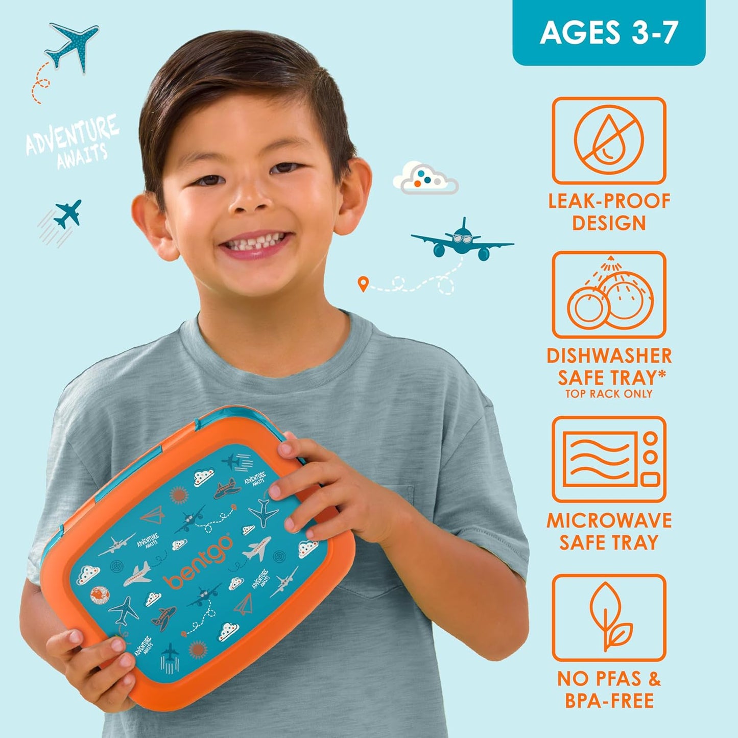 Bentgo Kids Prints Leak-Proof, 5-Compartment Bento-Style Kids Lunch Box - Ideal Portion Sizes for Ages 3-7, Durable, Drop-Proof, Dishwasher Safe, & PFAS & BPA-Free Materials (Planes)