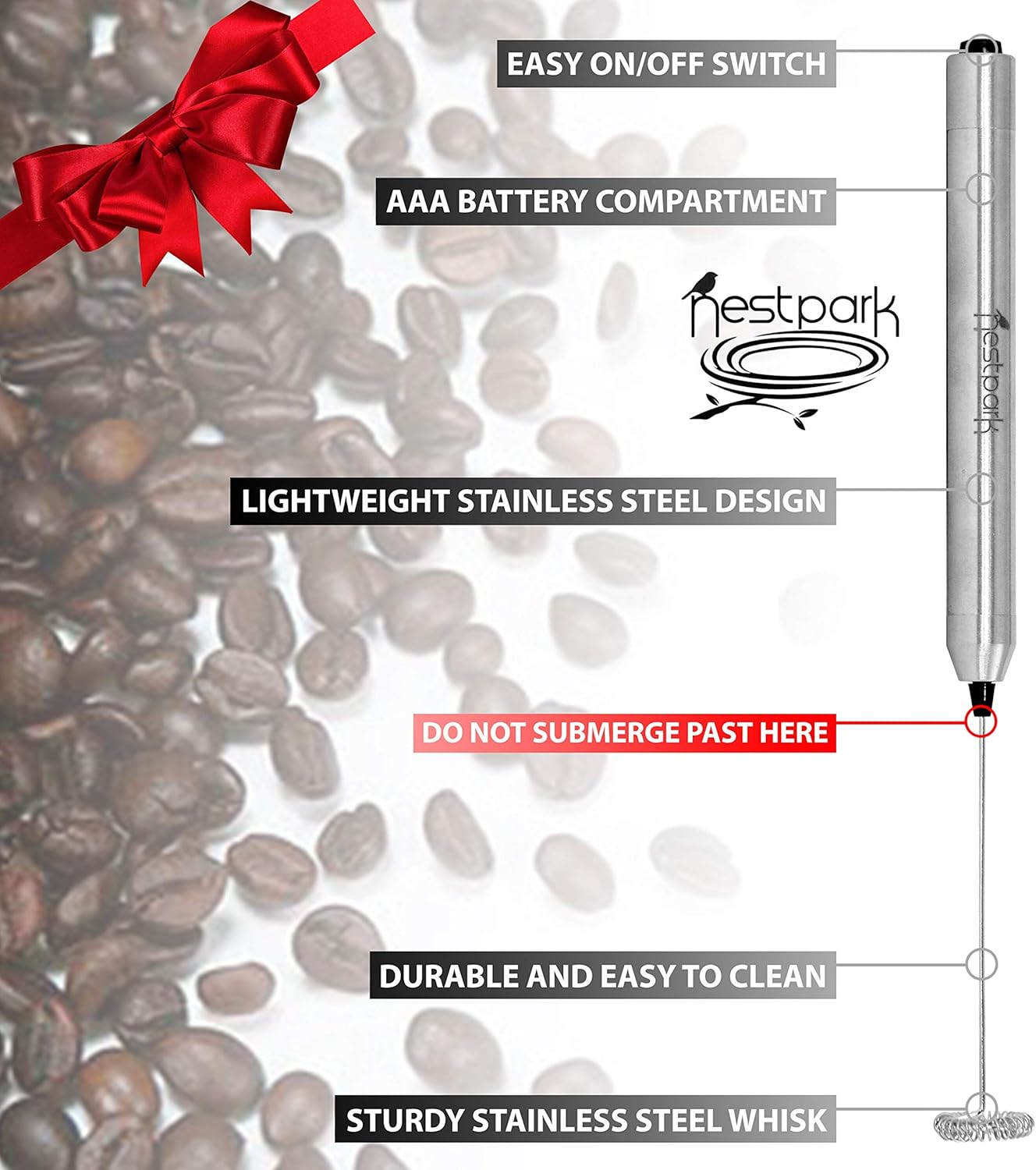 Nestpark Portable Drink Mixer and Milk Frother Wand - Small Hand-Held Mini Mixer Electric Stick Blender - Bulletproof Keto Coffee Blender Rapid Emulsifier - Cordless and Battery Operated