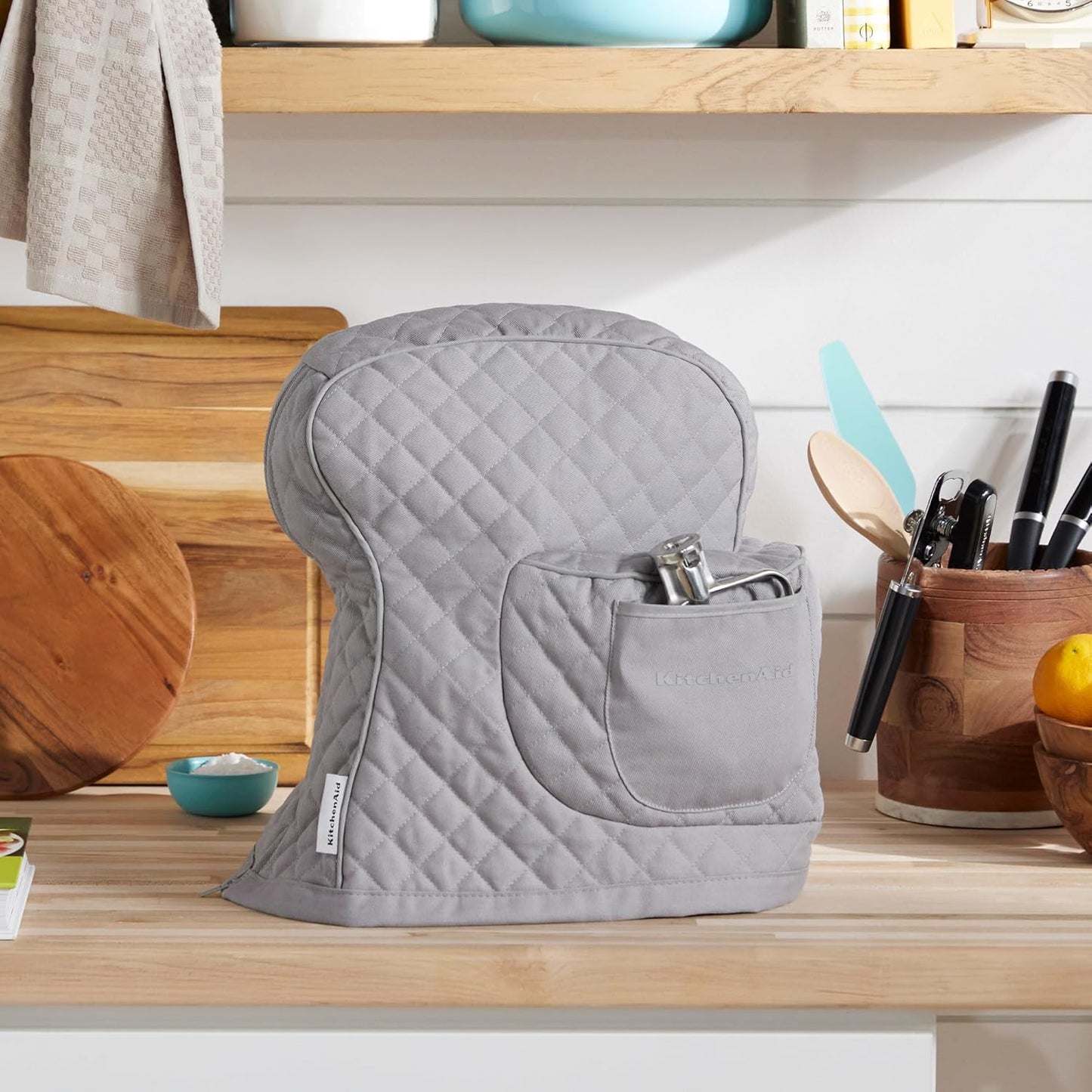 KITCHENAID Fitted Tilt-Head Stand Mixer Cover with Storage Pocket, Quilted 100% Cotton,14.4"x18"x10", Grey