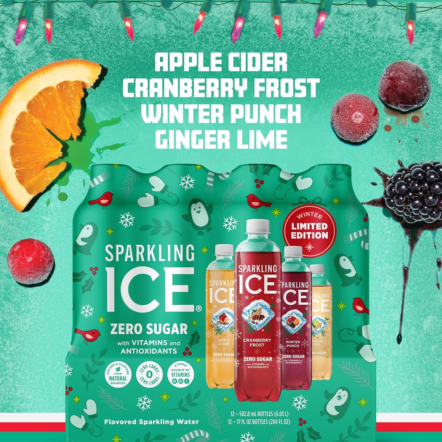 Sparkling Ice, Winter Variety Pack, Flavored Sparkling Water, Zero Sugar, with Vitamins and Antioxidants, 17 fl oz, 12 count (Cranberry Frost, Winter Punch, Apple Cider and Ginger Lime)