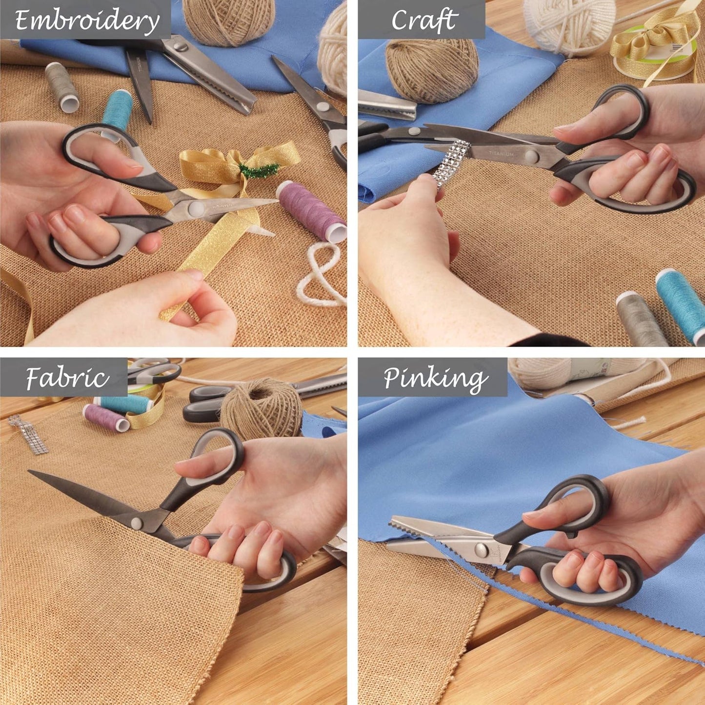 BambooMN Titanium Softgrip Scissors Set - Pinking, Sewing, Arts, Crafts, Office - 30 Sets of 4 - Black w/Grey