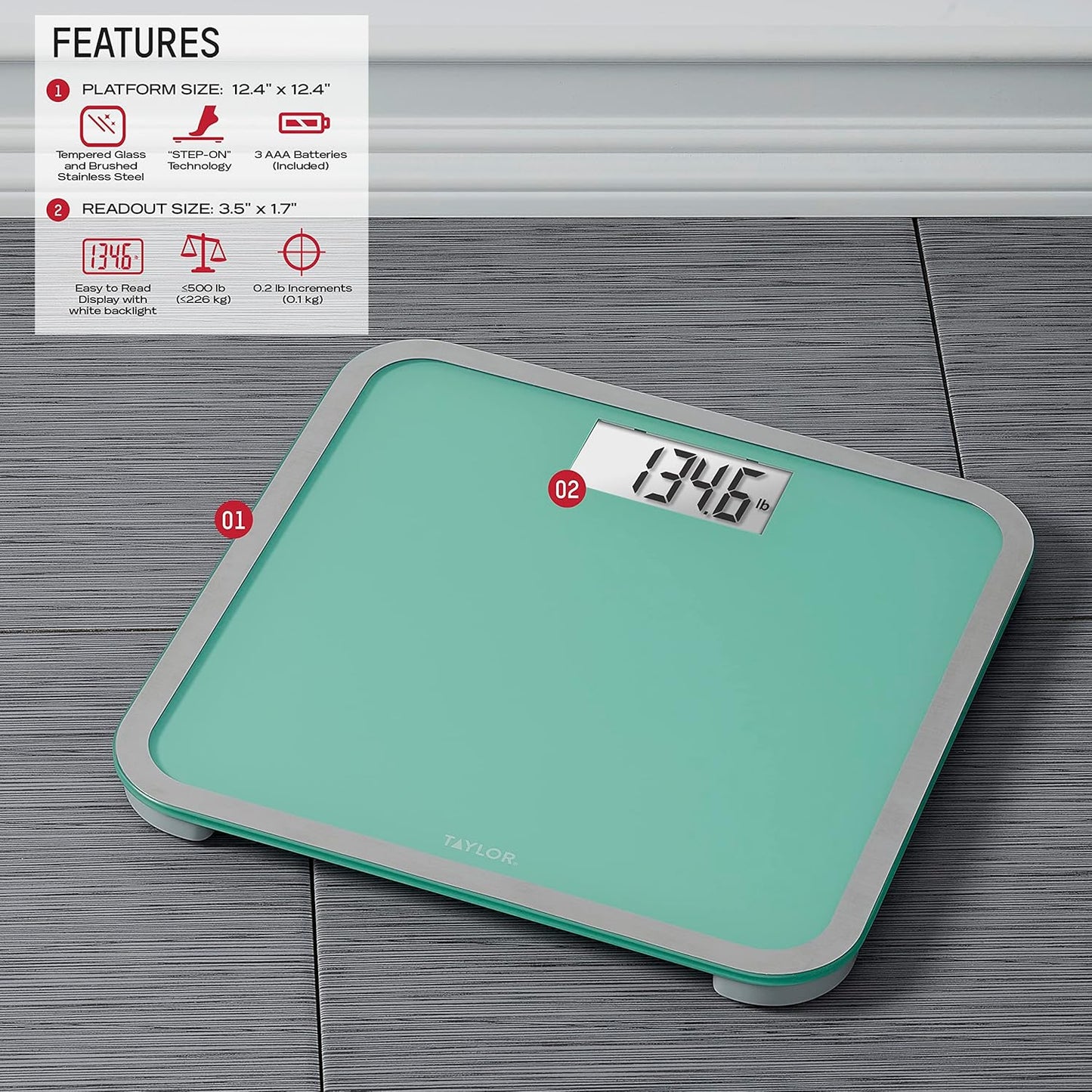Taylor Digital Glass Bathroom Scale for Body Weight, Large Durable Platform, Extra High 500 lb Capacity, Large 3.5"x1.7" White Backlit Display, Sea Foam Green