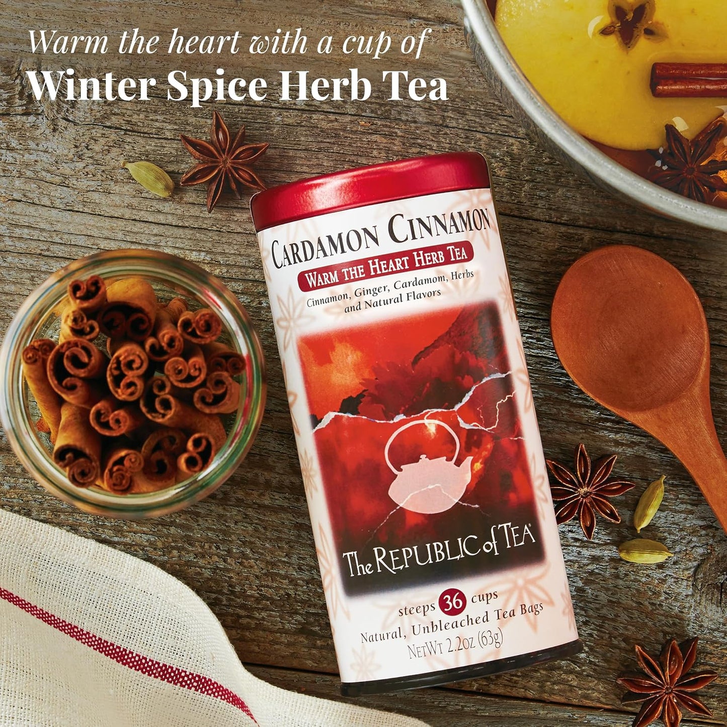 The Republic of Tea - Cardamon Cinnamon Herbal Tea, 36 Tea Bag Tin, Naturally Caffeine-Free