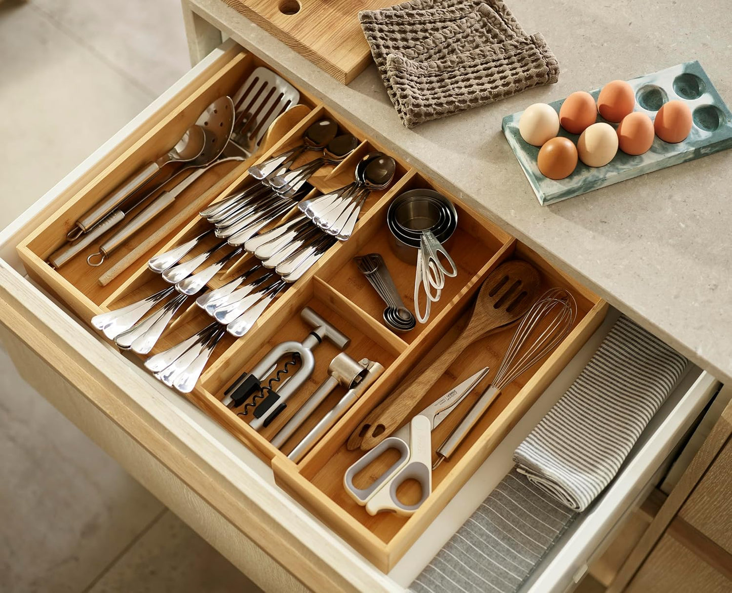 Joseph Joseph DrawerStore Expanding Silverware, Flatware, Utensil & Gadgets Organizer, Expandable in Drawer Space Saving Tray, Bamboo